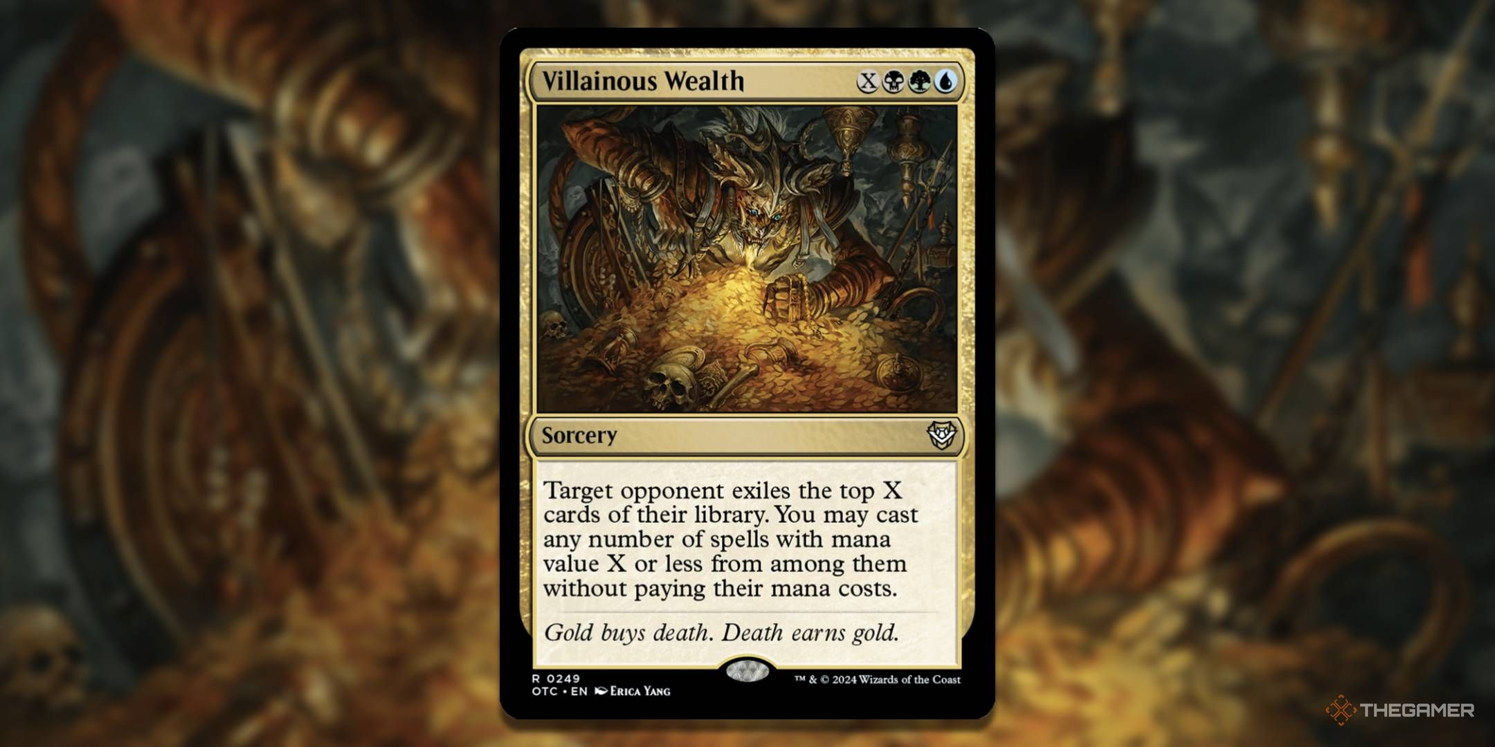 MTG Villainous Wealth card with the art in the background.