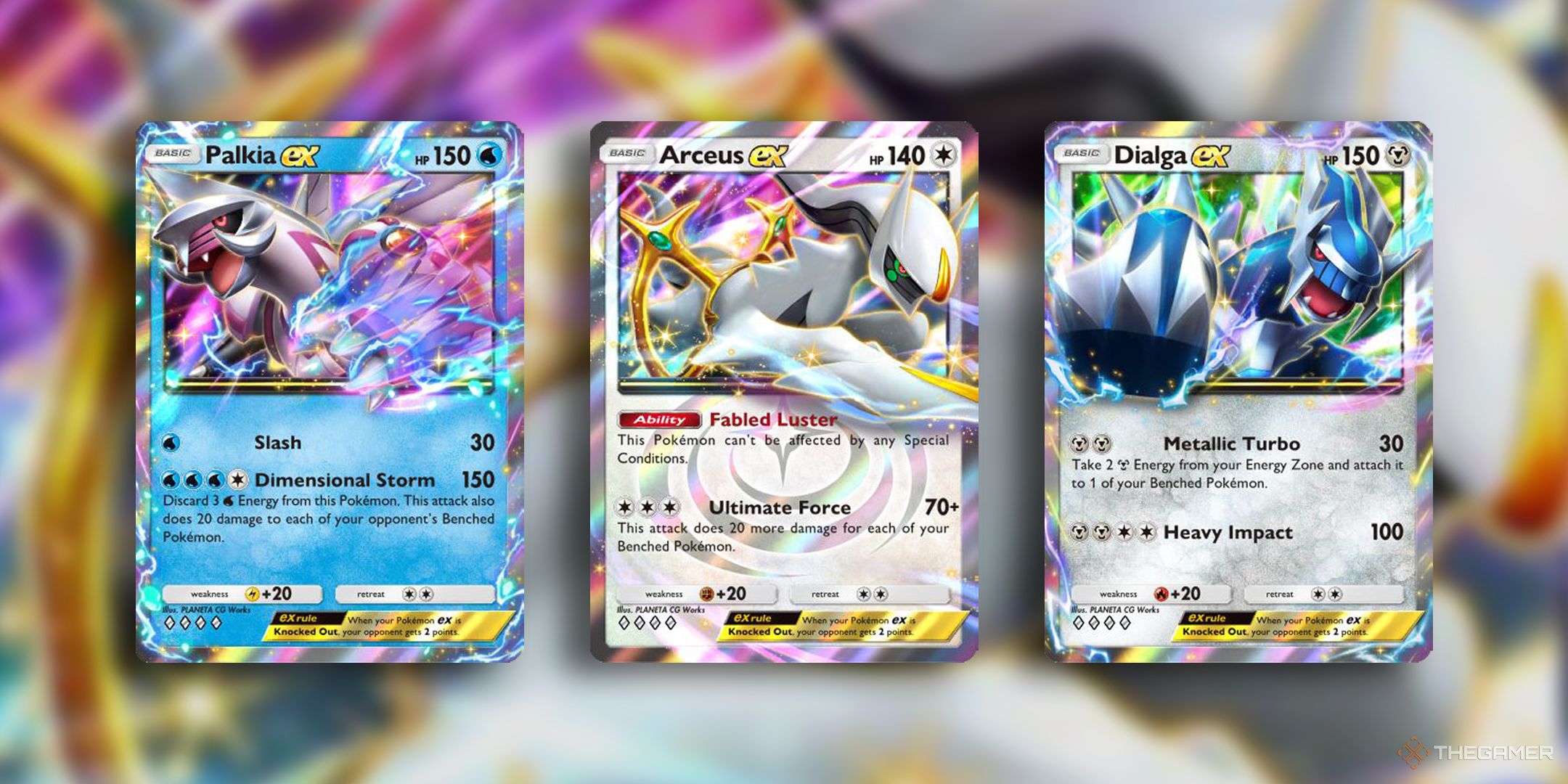 An image with the Palkia ex, Arceus ex, and Dialga ex cards in Pokemon TCG Pocket.
