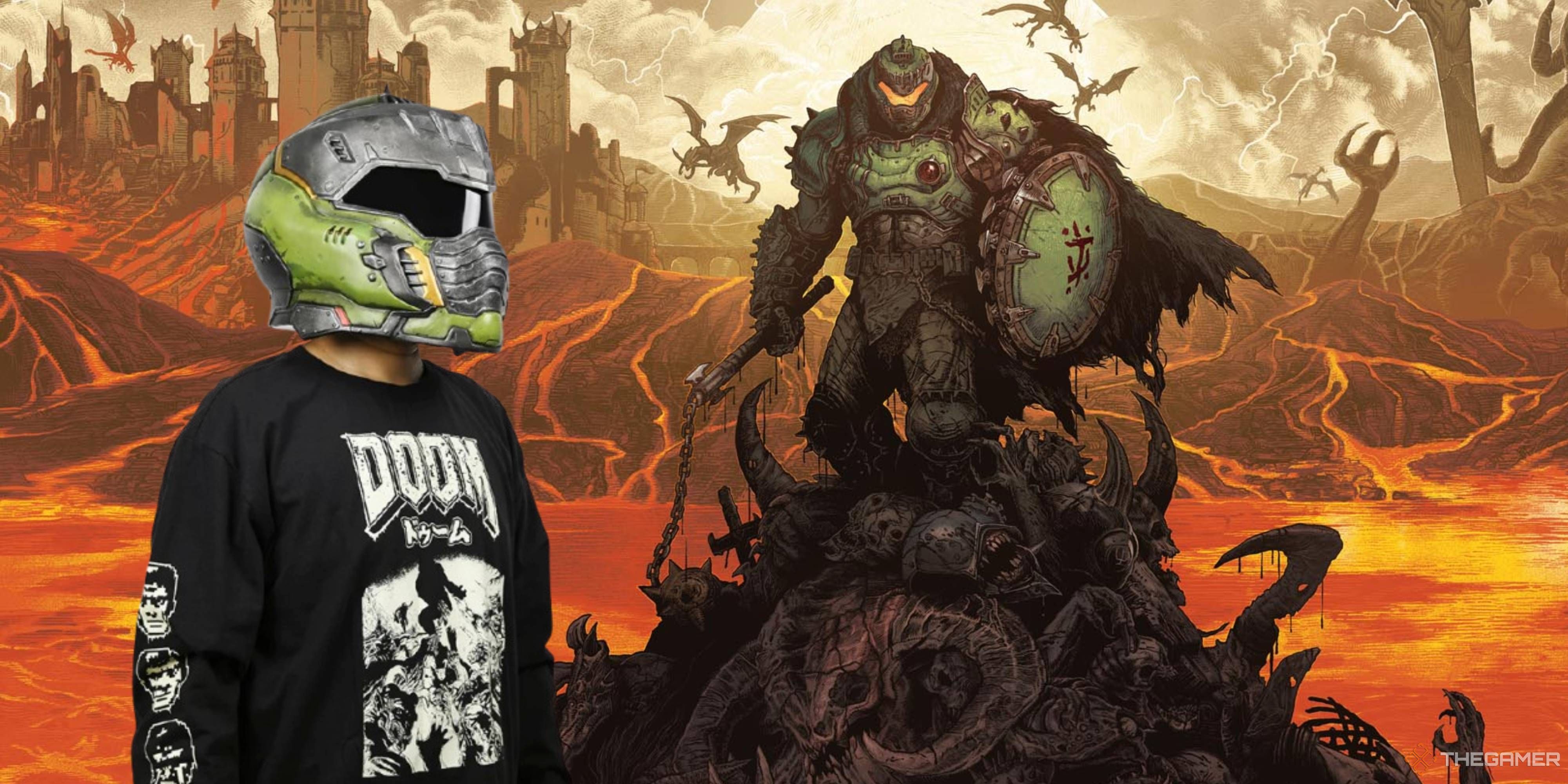 someone looking at doomguy in doom the dark ages while wearing a doomguy helmet.