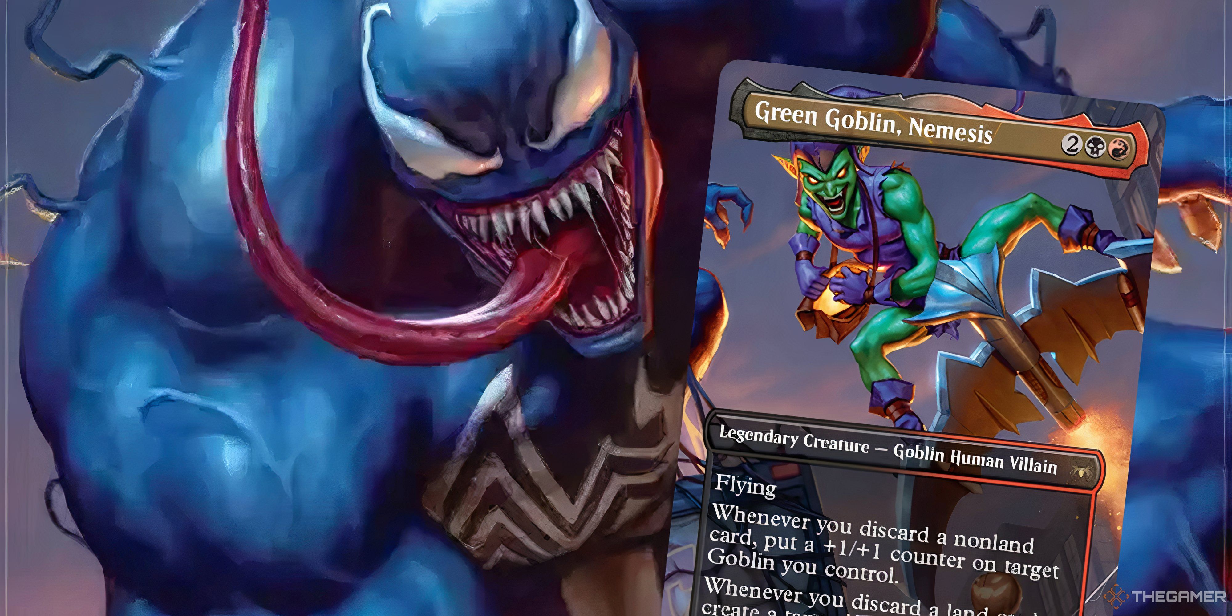 green goblin mtg card on venom artwork from spider-man set.