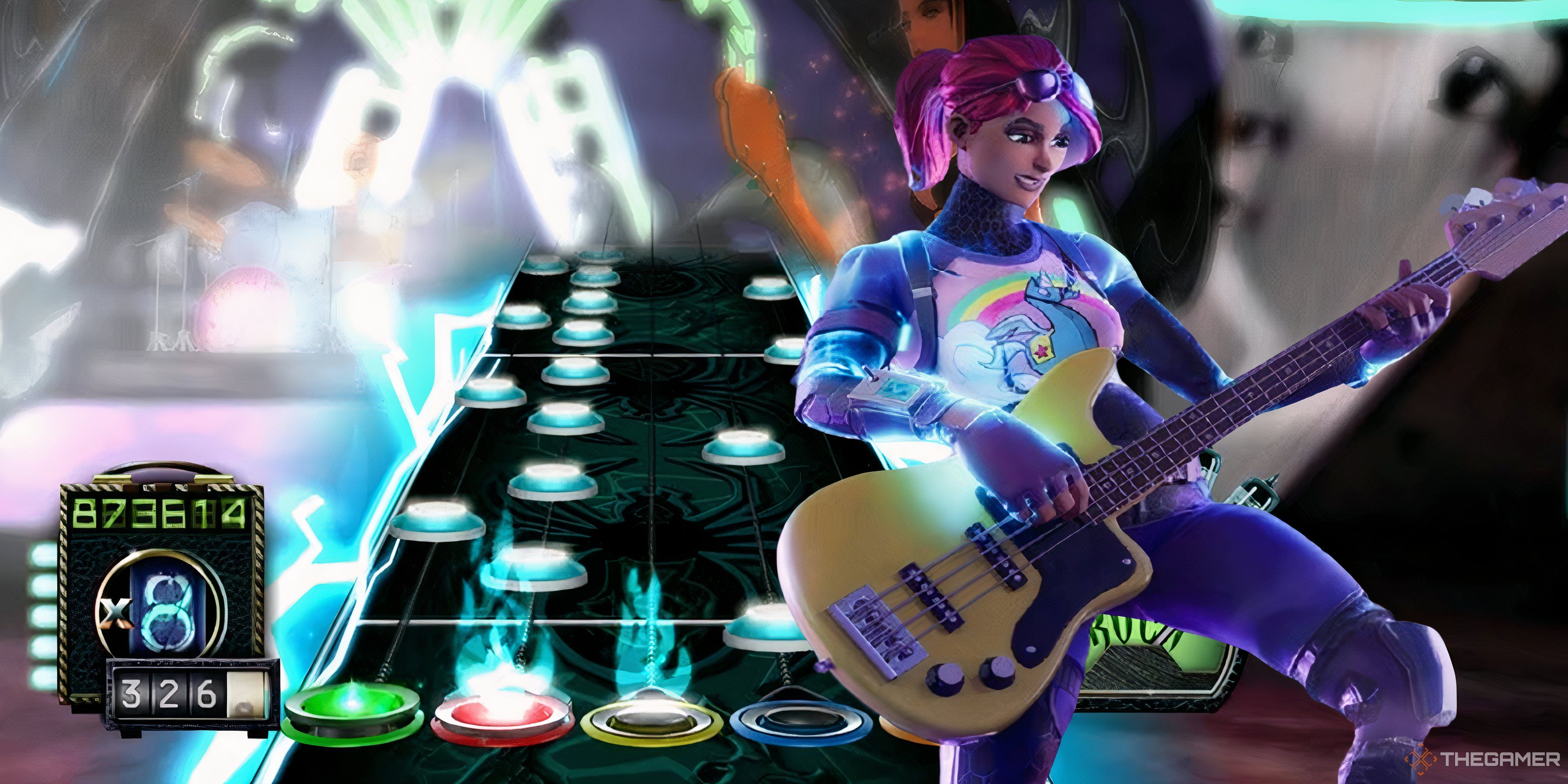 fortnite character playing a guitar on a guitar hero in-game background.