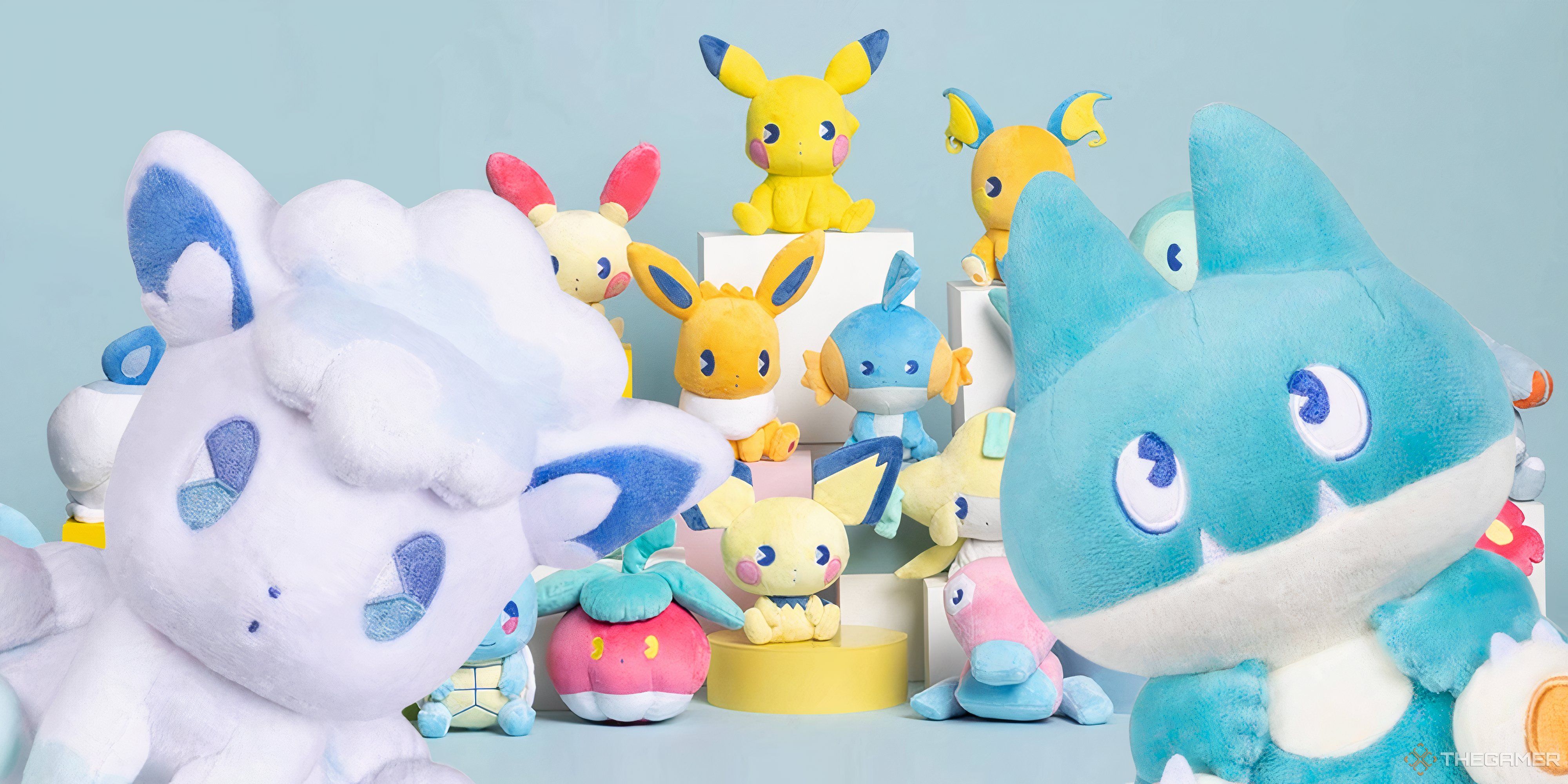 Vulpix and Munchlax Soda Pop Plushes in front of the Pop Pop Games, most