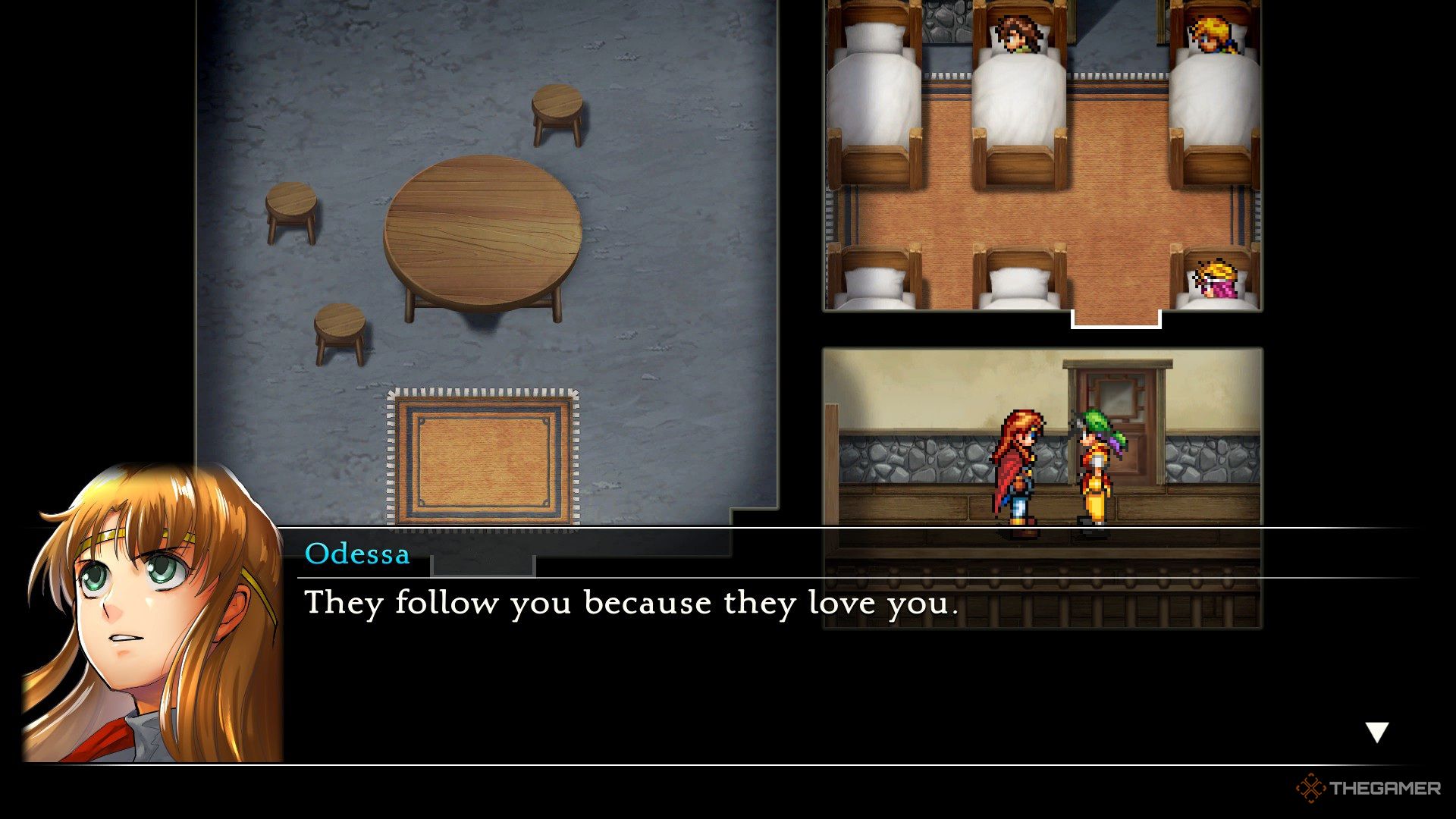 Odessa says your companions love you in Suikoden 1 HD Remaster.