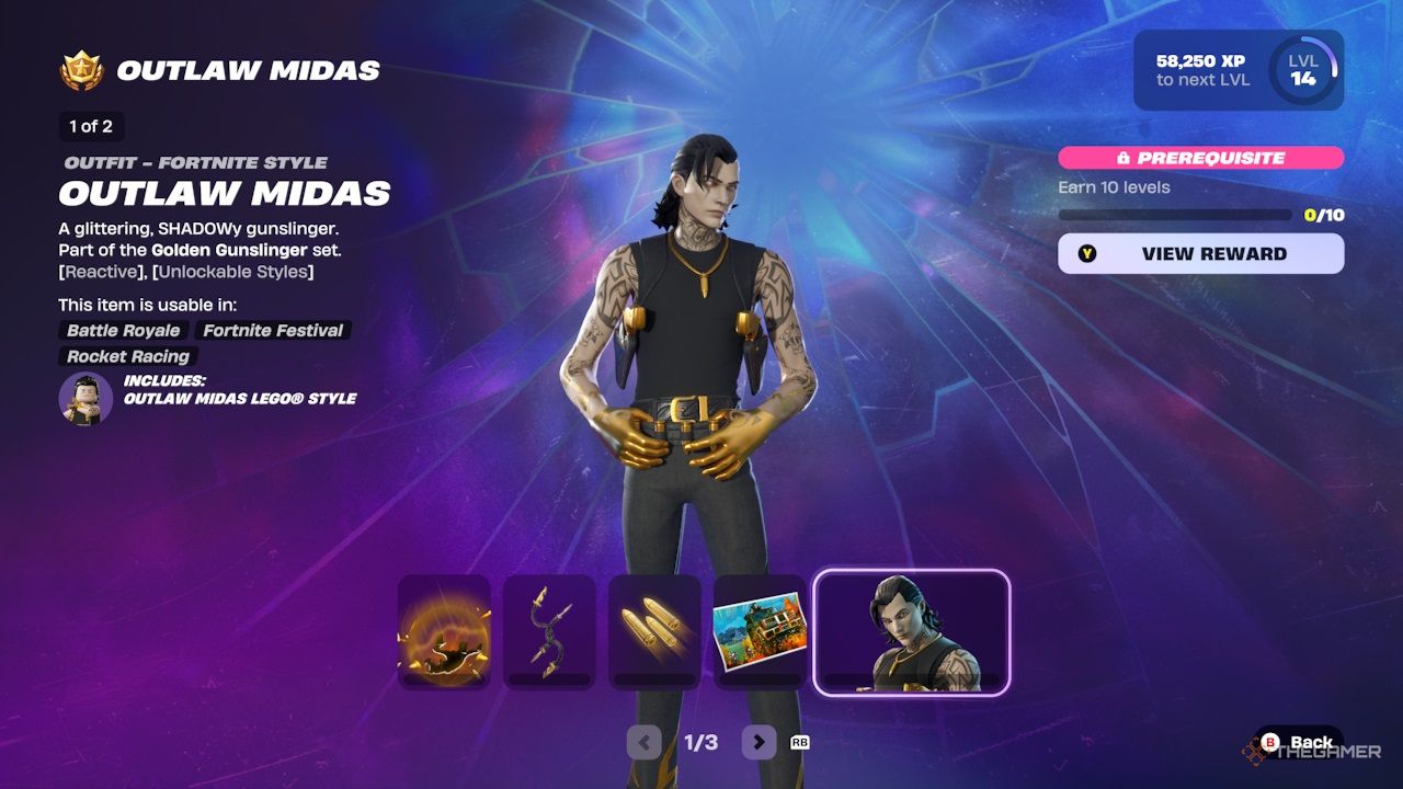 Page one of the Fortnite Chapter 6 Season 2 Outlaw Midas Battle Pass rewards.