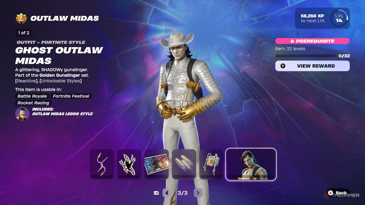 Page three of the Fortnite Chapter 6 Season 2 Outlaw Midas Battle Pass rewards.