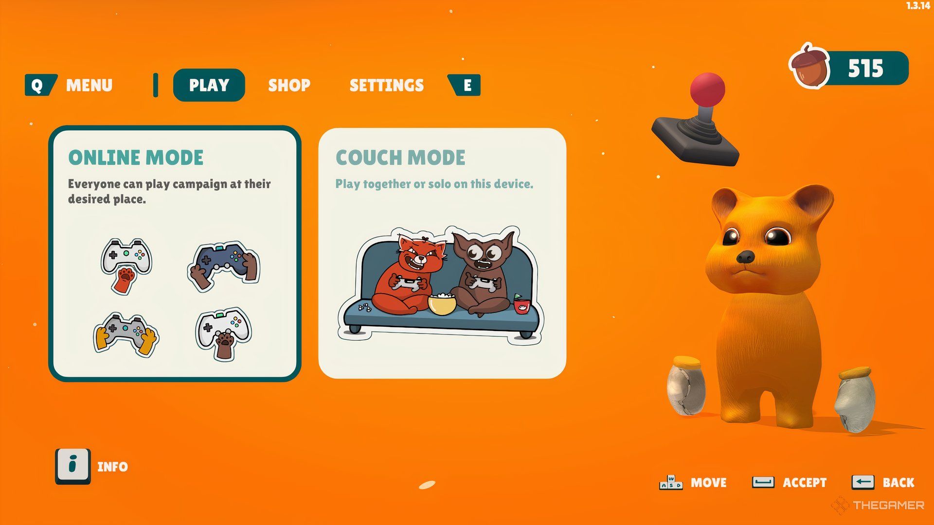 The main menu in Party Club with a Quokka and the options to play online or in couch mode.