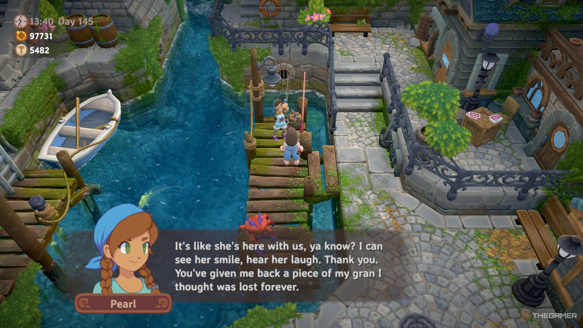 Player character talking with Pearl about her memories of her grandmother in Luma Island.