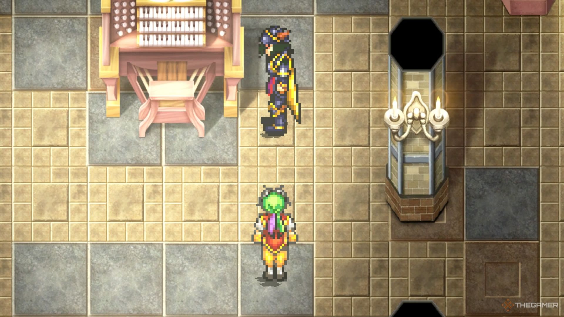 Pesmerga standing next to the organ in Neclord's Castle in Suikoden 1 HD Remaster.