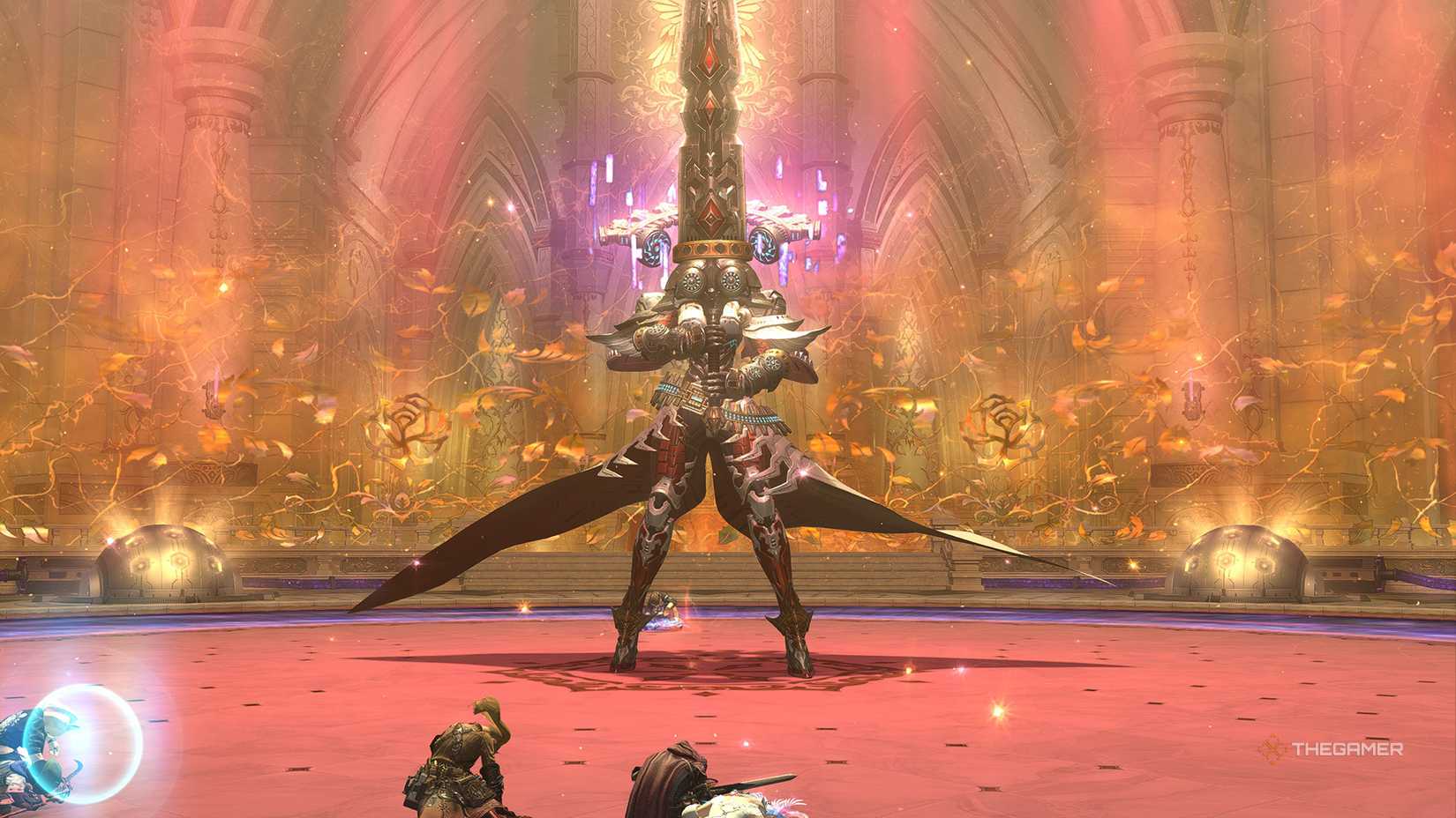 Zelenia wielding her sword during the second phase of the Recollection Trial in Final Fantasy 14.