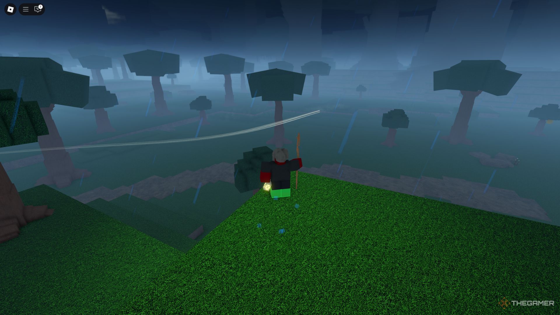 The player character with a Lantern in the forest near the starting location in Rune Slayer.