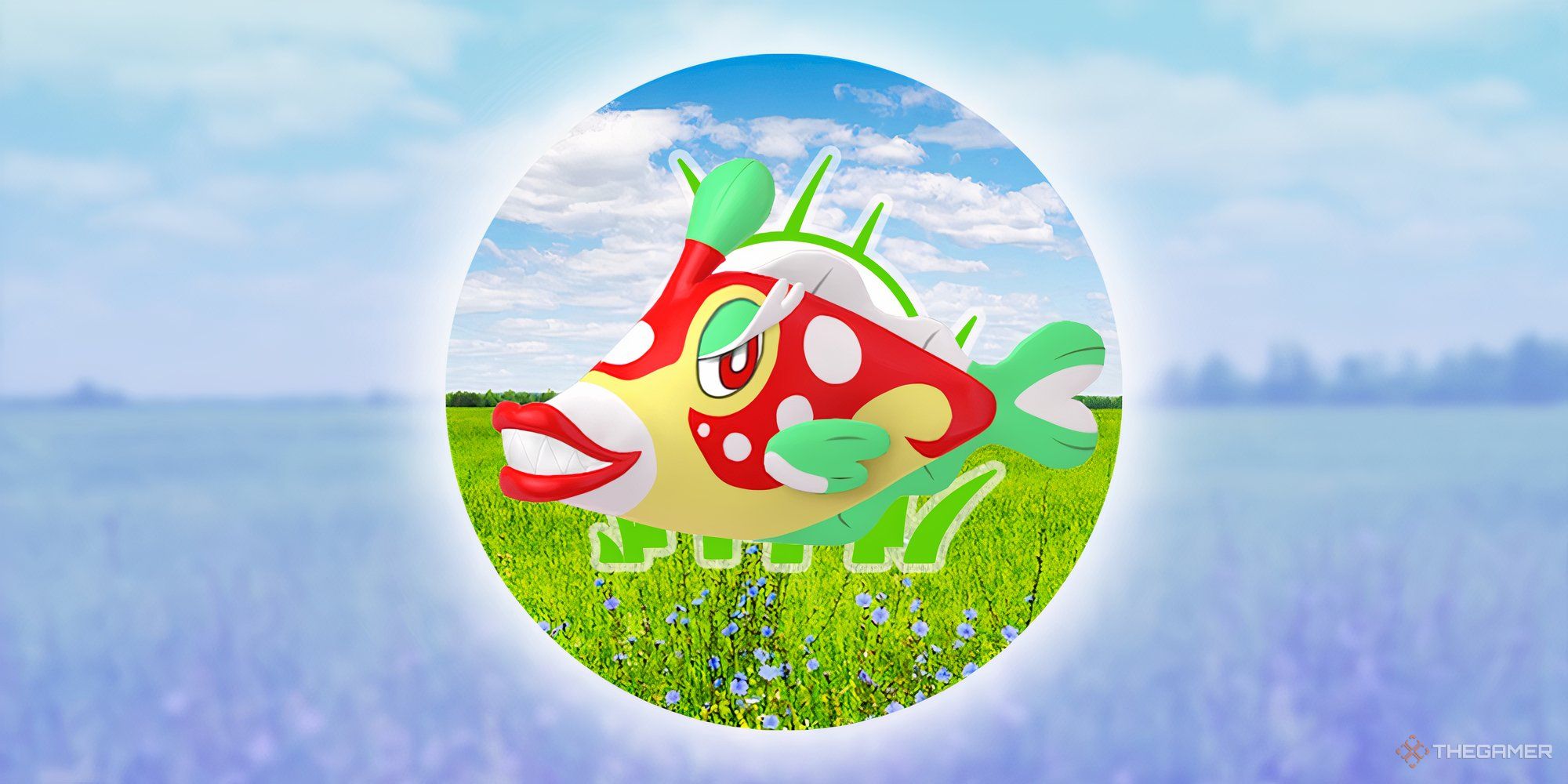 Image of Shiny Bruxish with the Pokemon Go wild encounter symbol behind.