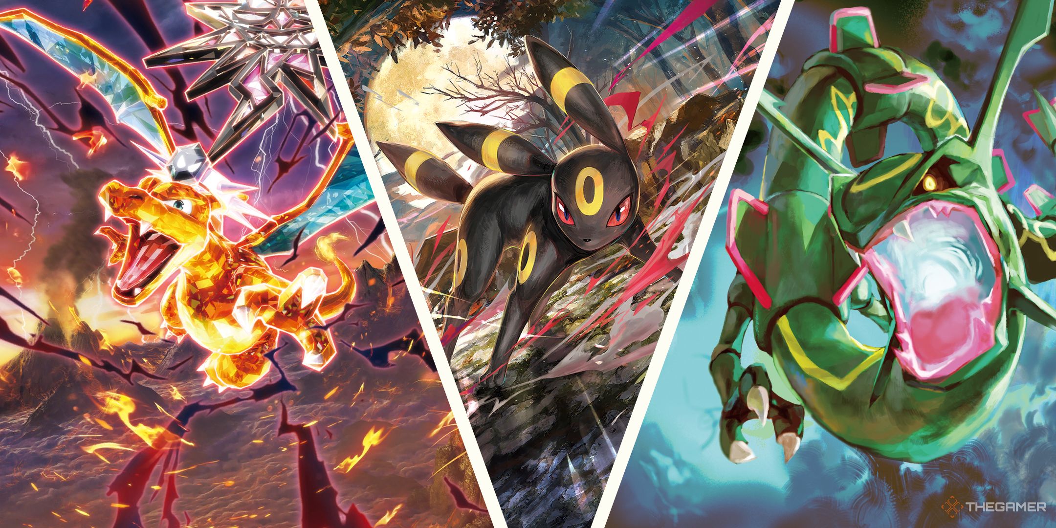 Pokemon TCG art of Charizard, Umbreon, and Rayquaza.