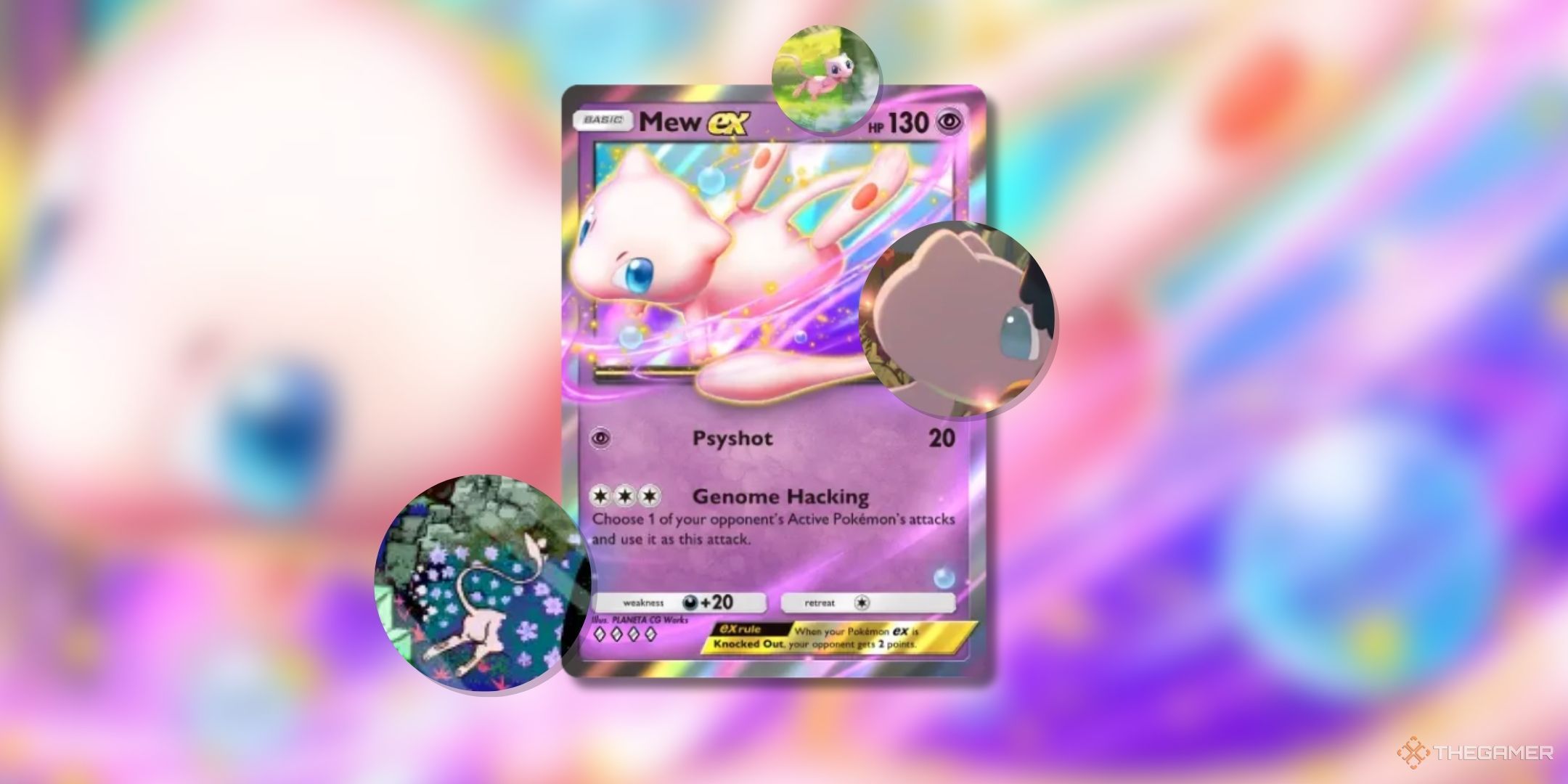 Pokemon Trading Card Game Pocket Mew ex on a blurred background surrounded by three images of mew hiding in different cards.