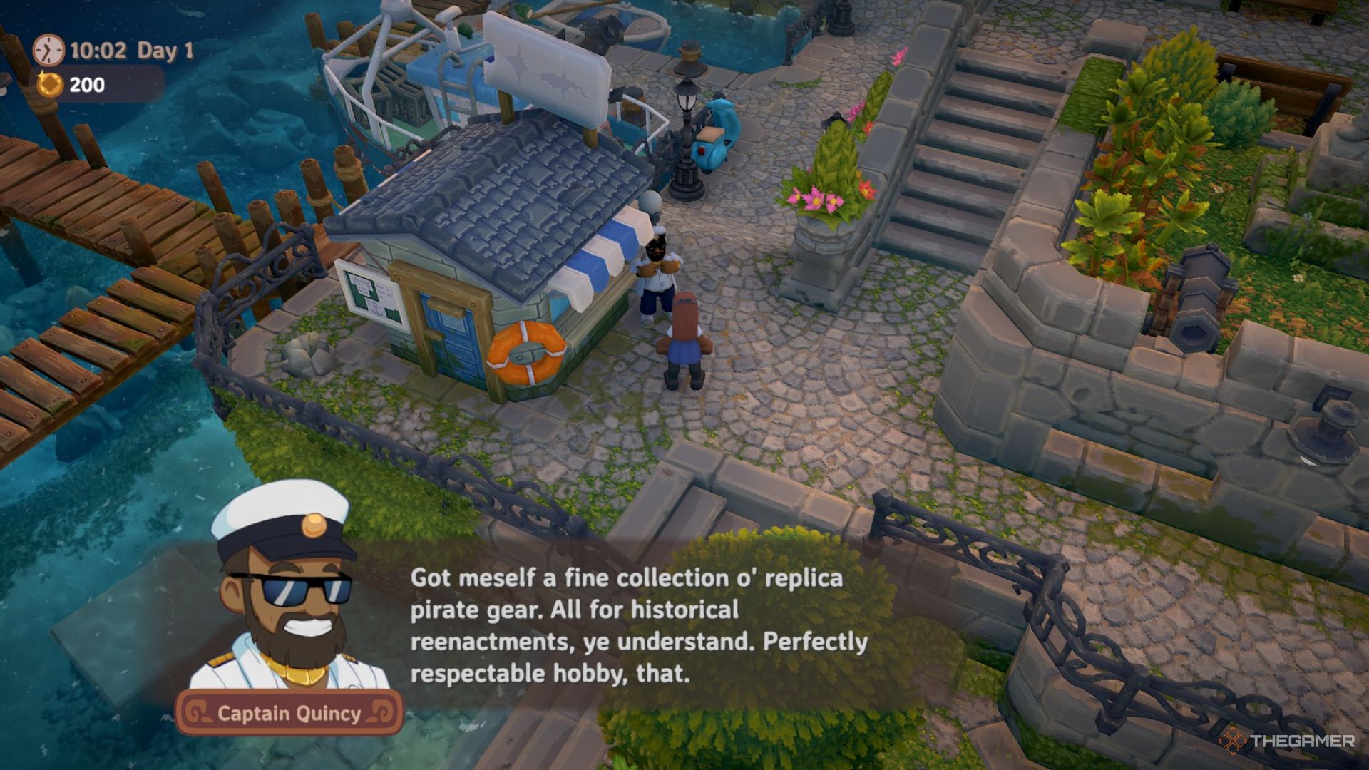 Player character speaking to Captain Quincy about treasure hunting at the pier in Luma Island.