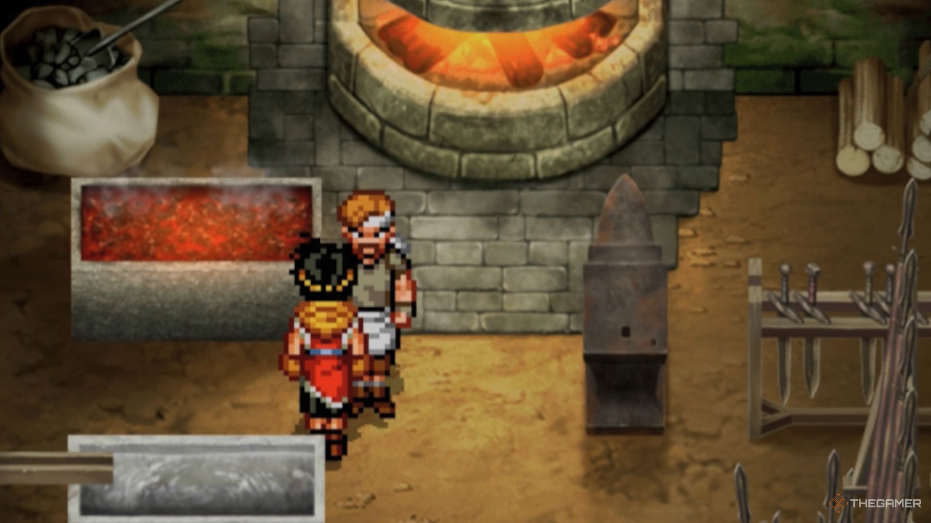 Riou at the first blacksmith in Suikoden 2 HD Remaster.