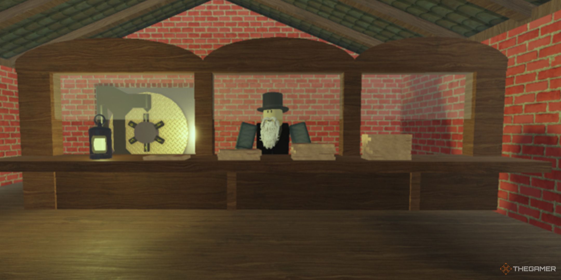 Roblox Dead Rails Bank, one elder npc with with long beard and a hat.