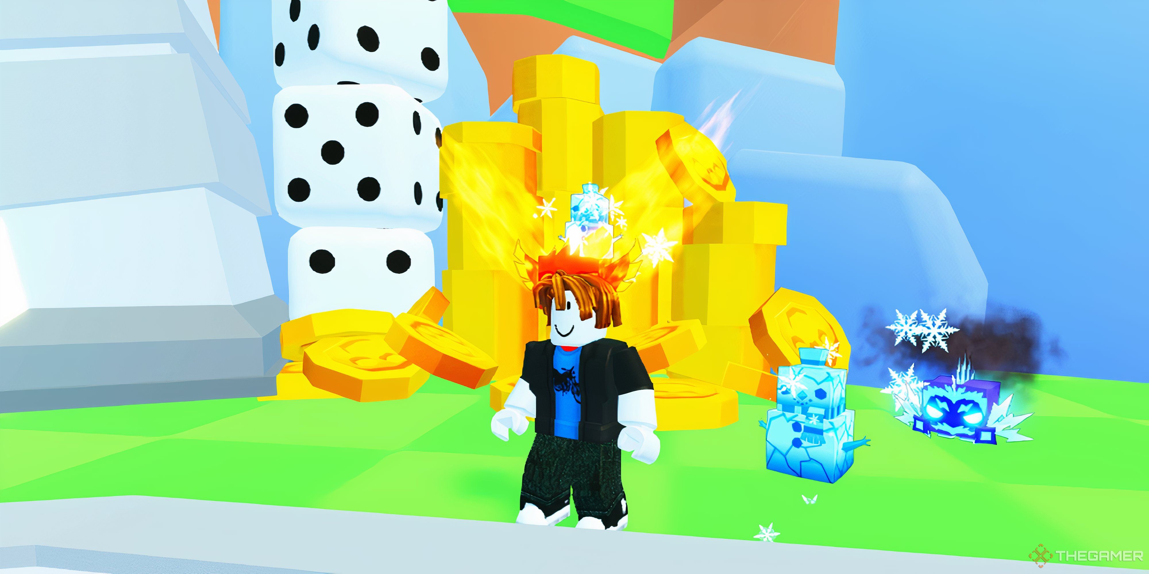 Bunch of pets and big pile of gold coins in Roblox: Pets Go.