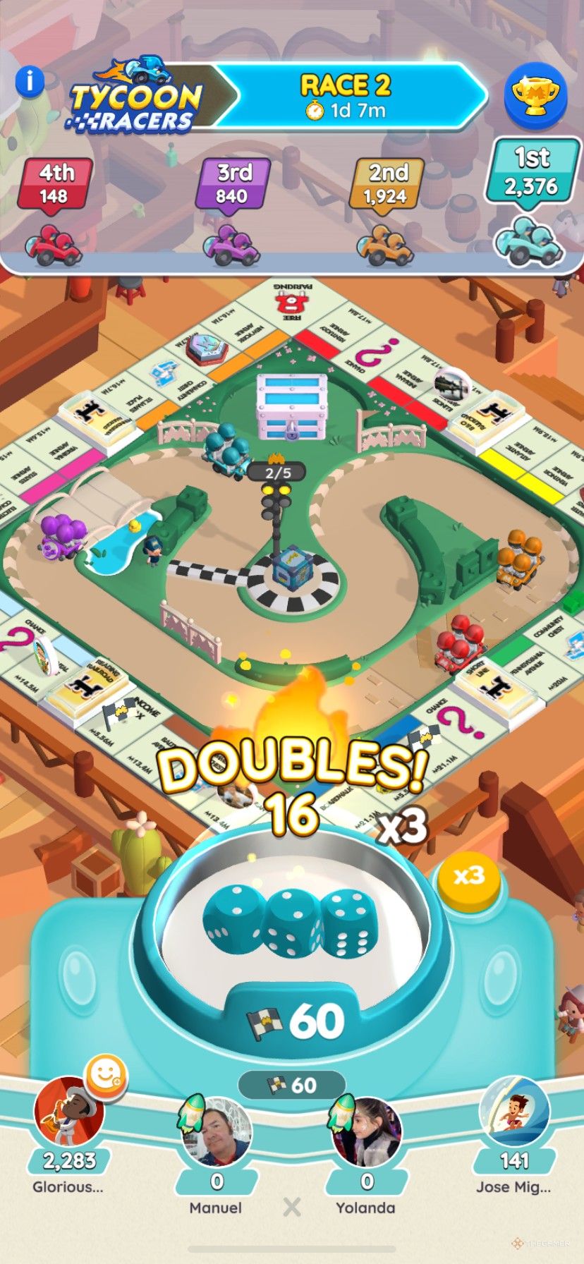 Rolling doubles on a first place team in Tycoon Racers in Monopoly Go.
