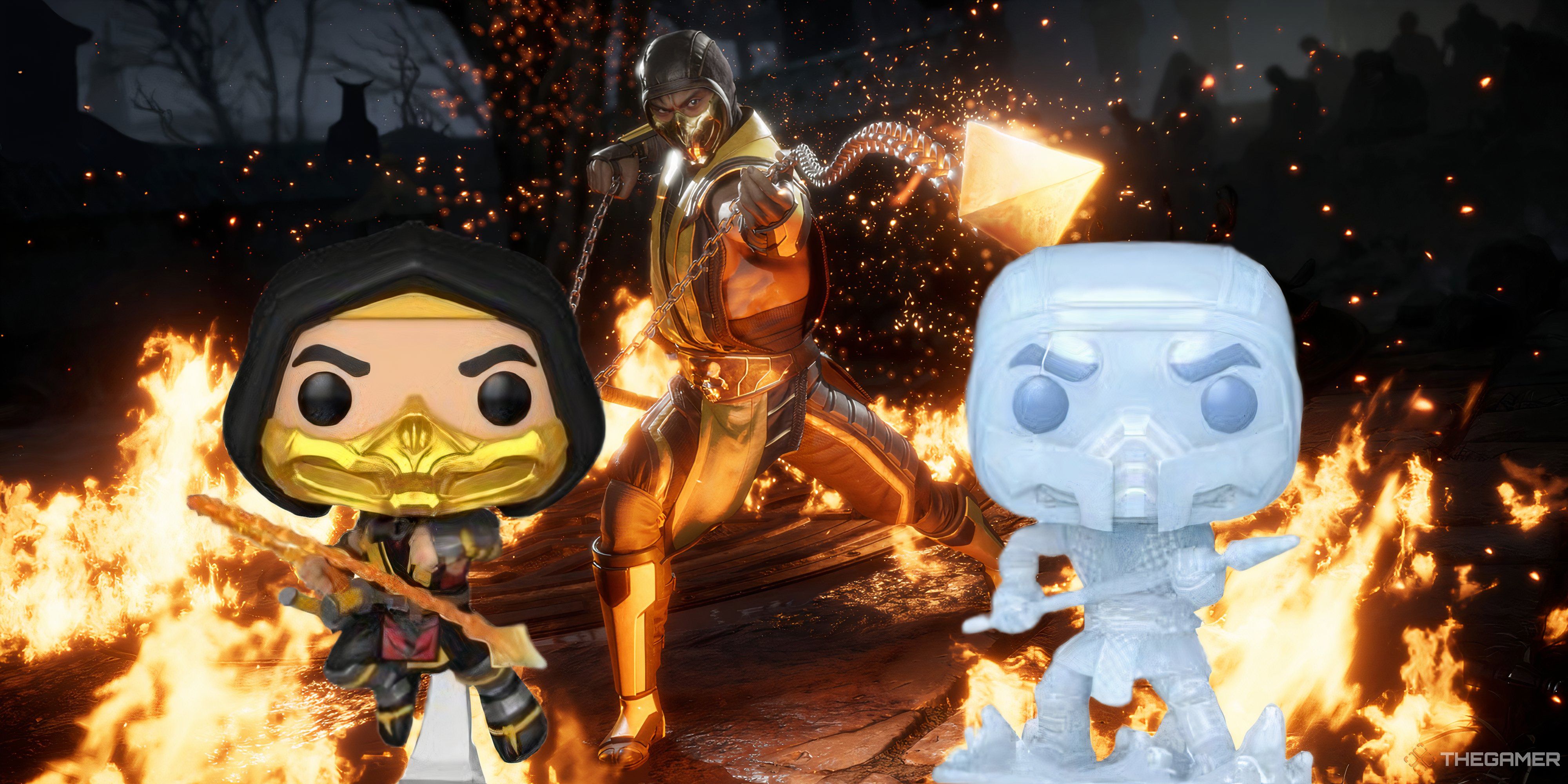 scorpion and sub-zero funko pops on front of scorpion in mortal kombat 11.