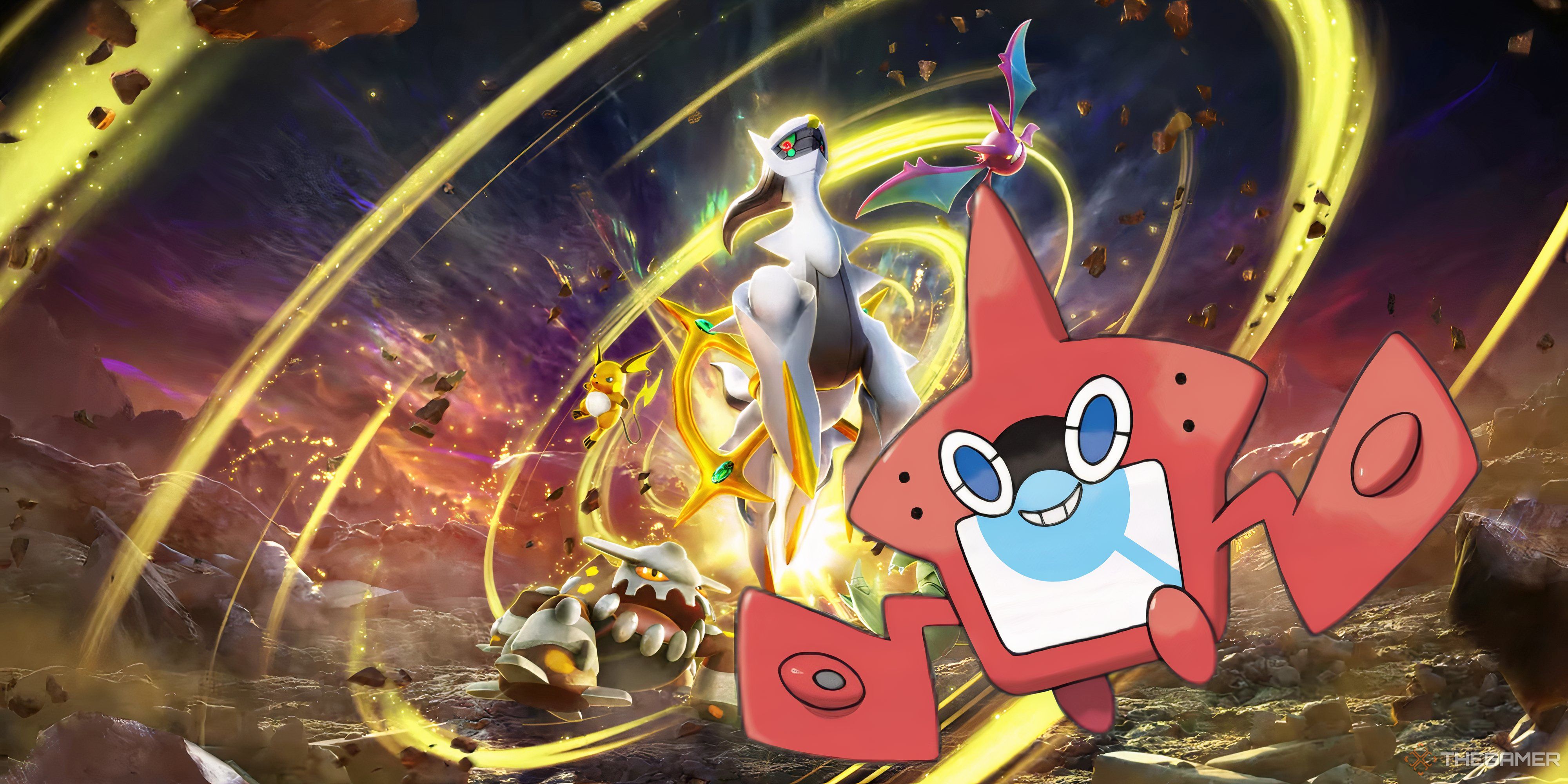 rotom pokedex in front of pokemon tcg pocket triumphant light key art.