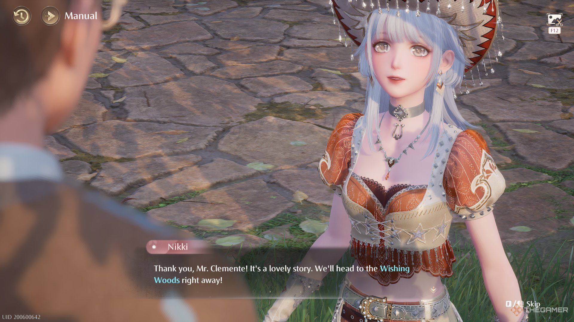 Nikki is talking to a man telling him about the Wishing Woods in Infinity Nikki.