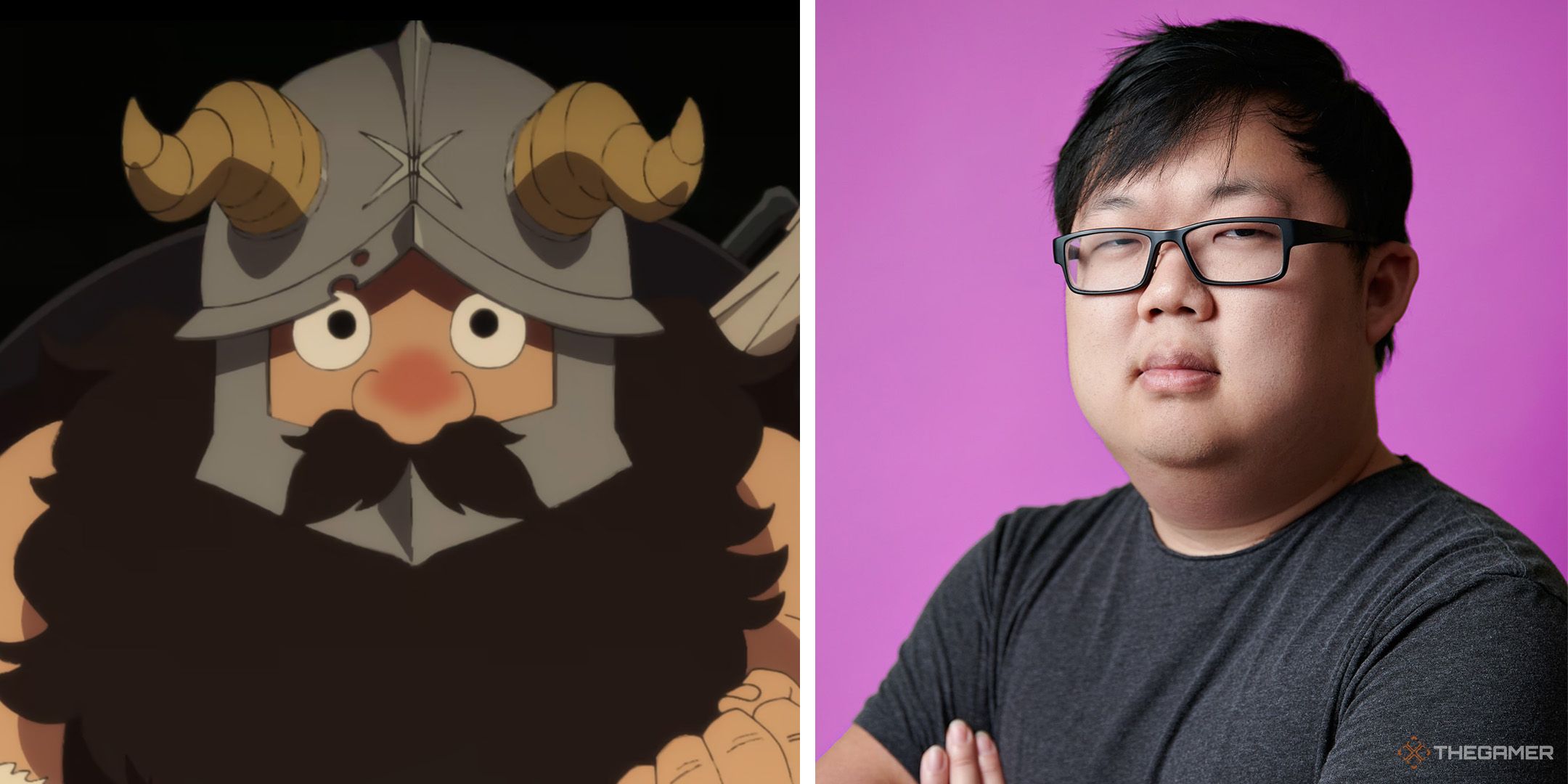 A split image of Senshi from Delicious in Dungeon and his voice actor Sungwon Cho.