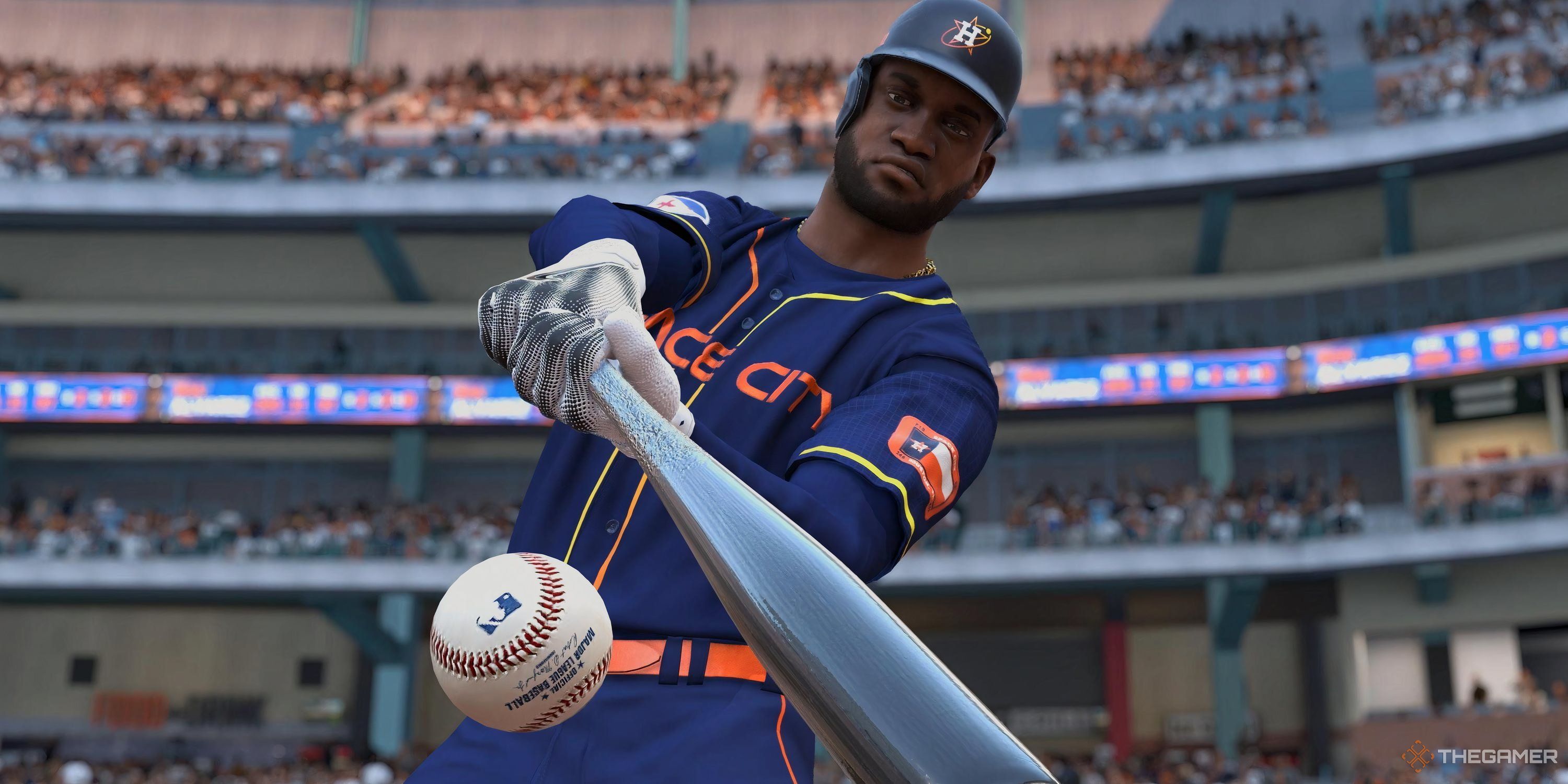 A player hitting the ball in MLB The Show 25.