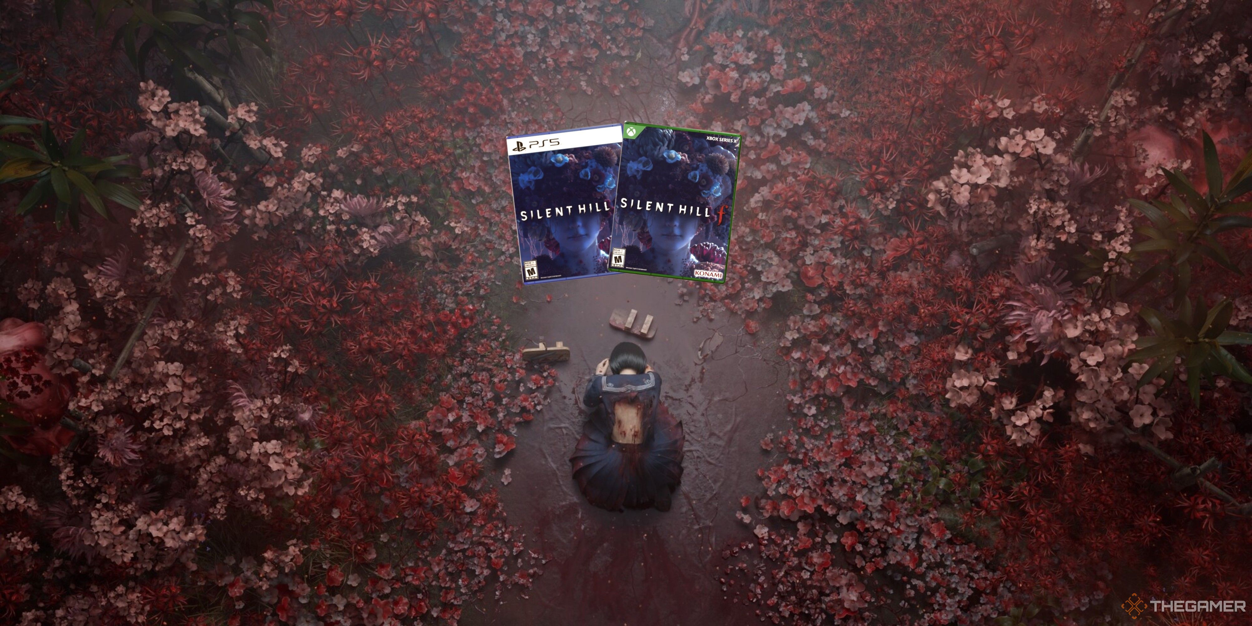 silent hill f protagonist bowing to ps5 and xbox series copies of silent hill f.