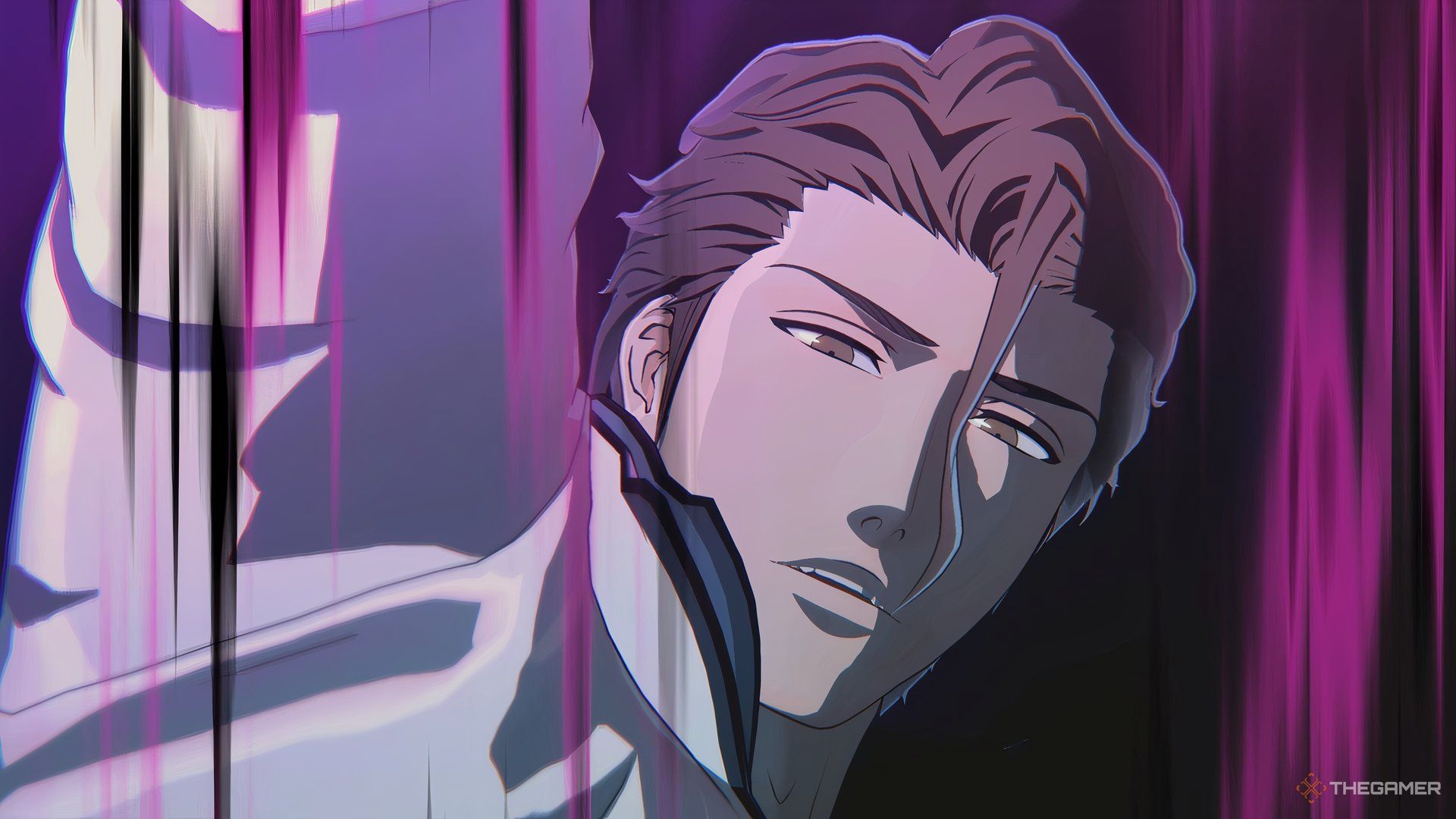 Sosuke Aizen lifting his sword for a strike in Bleach Rebirth of Souls.