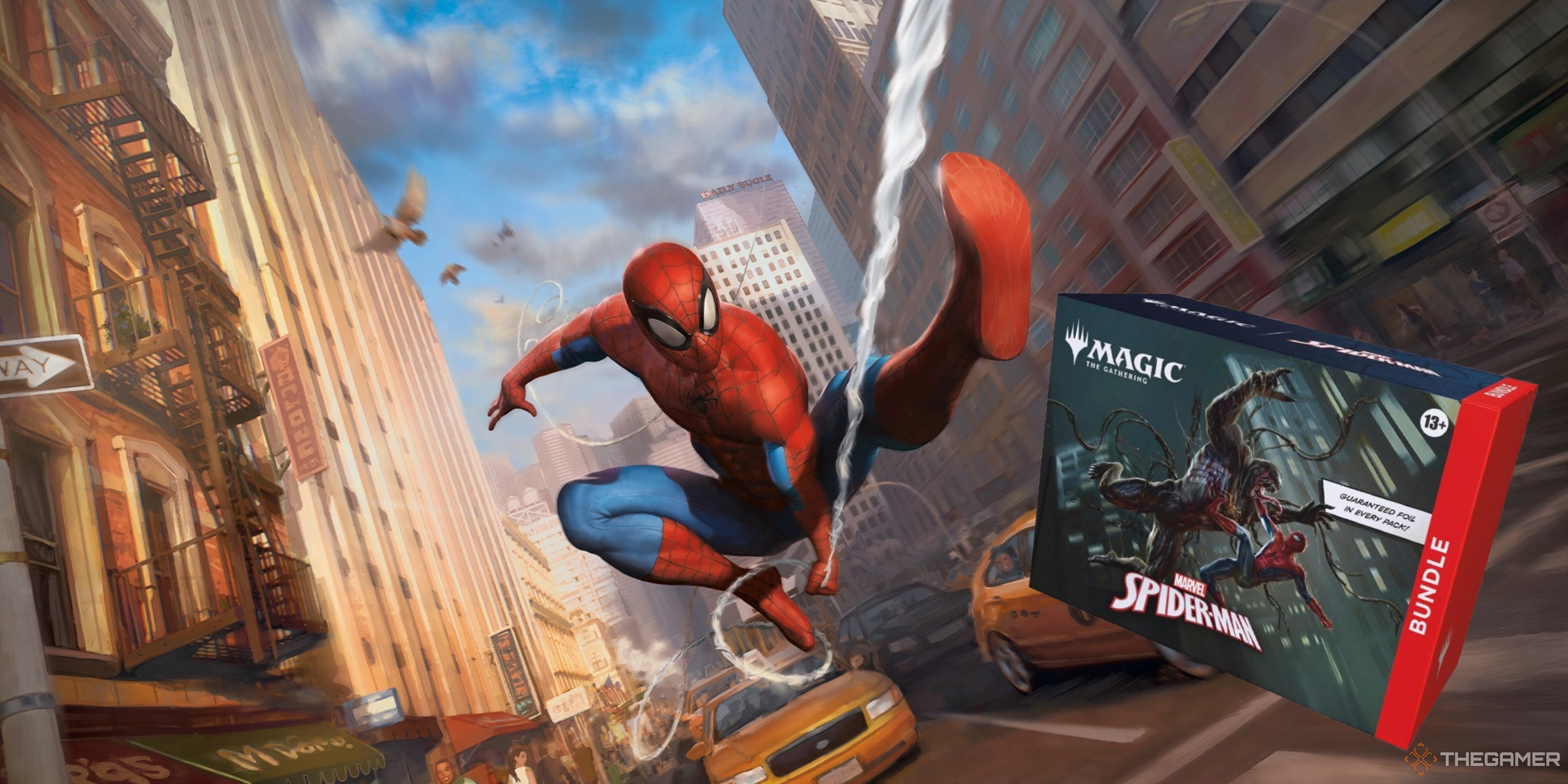 spider-man swinging towards a magic the gathering bundle.