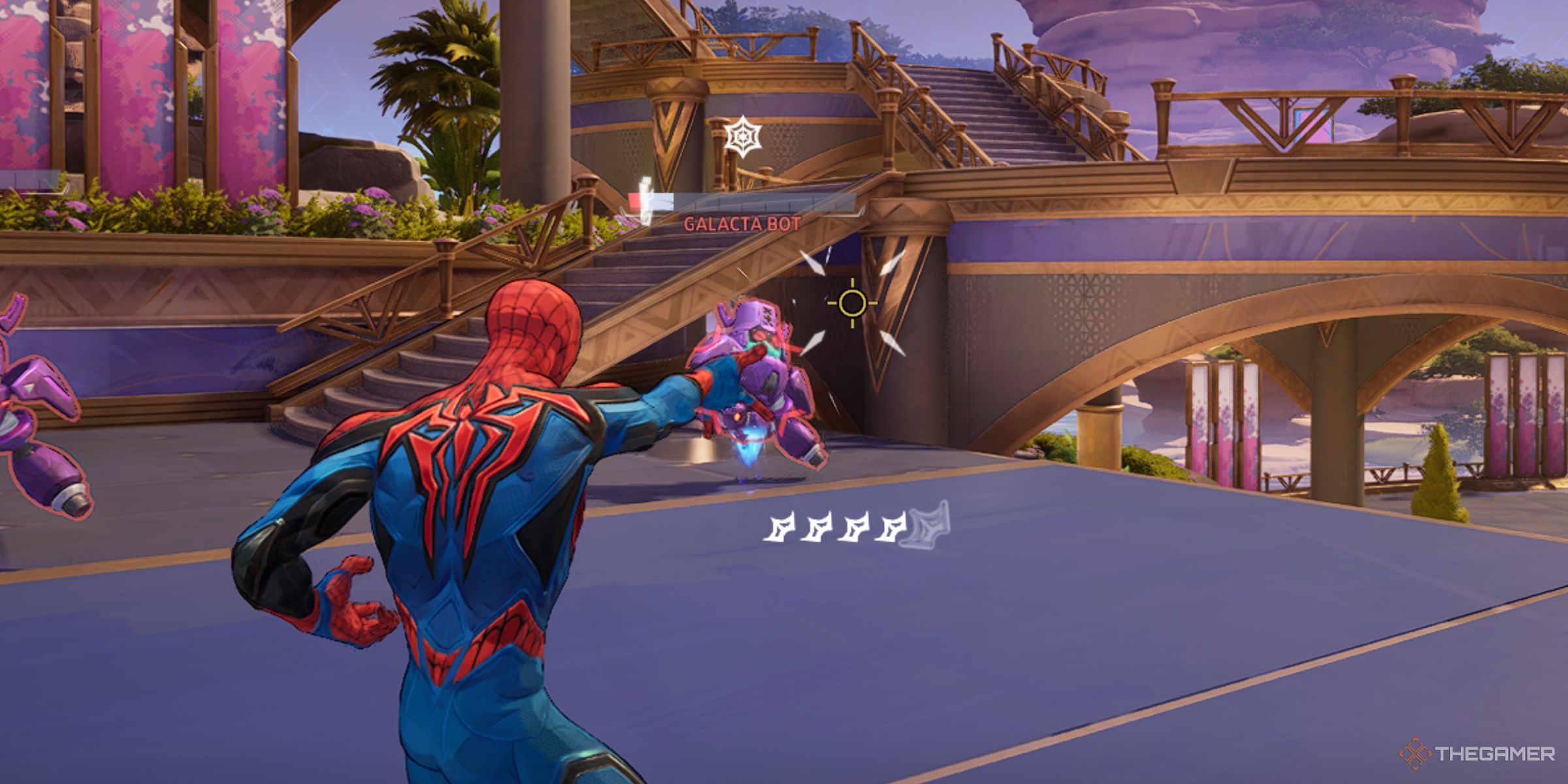 Spider-Man Web-Slinging At A Galacta Bot In The Practice Range In Marvel Rivals.