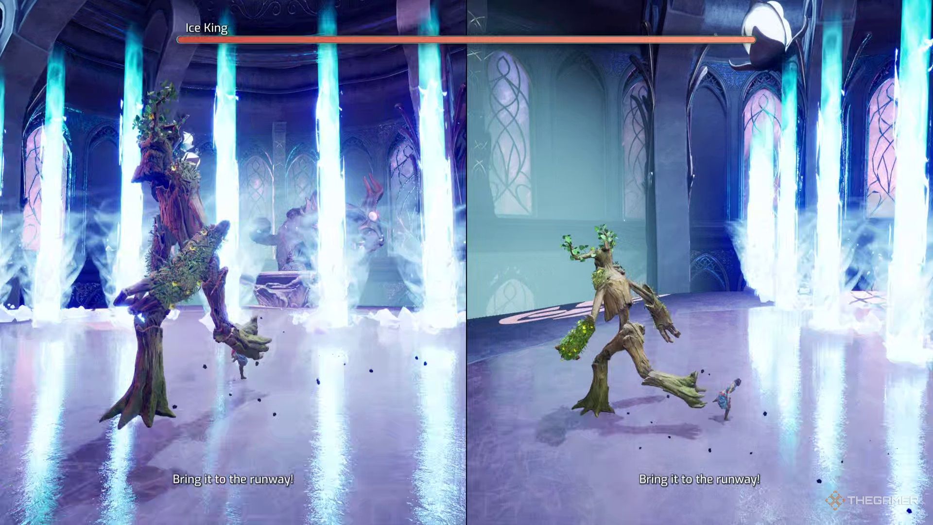 The Ice King uses his ice pillar attack against Zoe and Mio in Split Fiction.