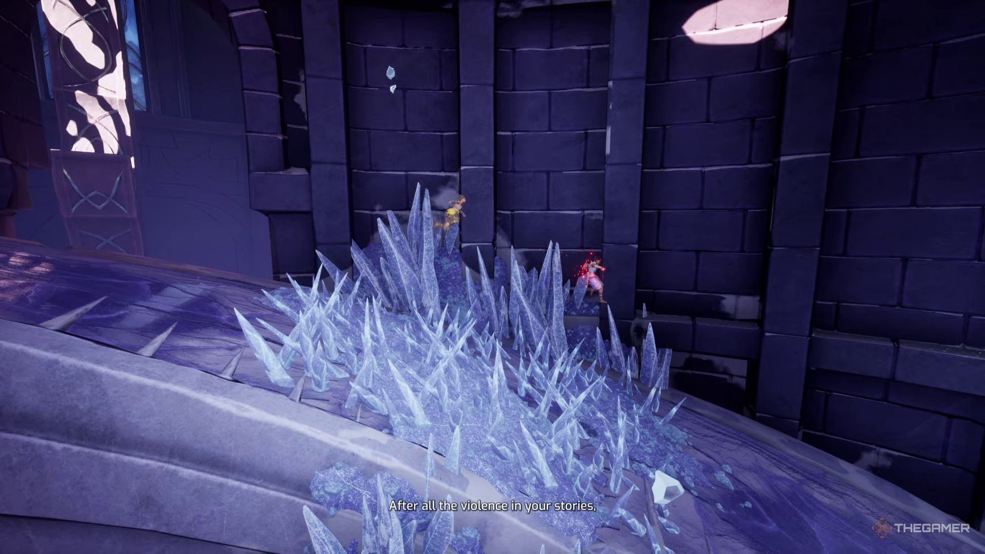 Zoe and Mio slide down an ice amp during the Ice King boss battle in Split Fiction.