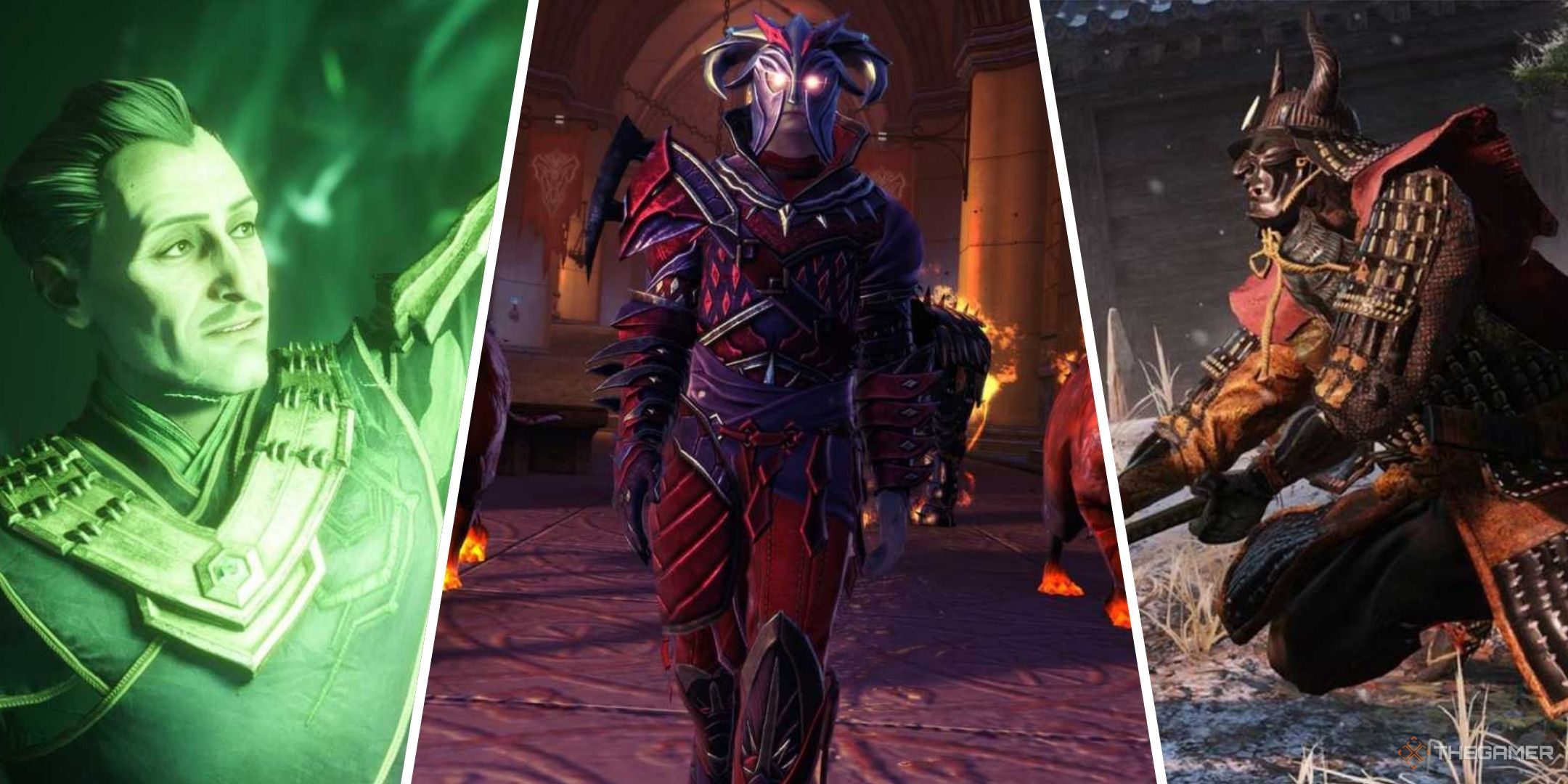Split images of Dragon Age The Veilguard, Neverwinter, and Sekiro.