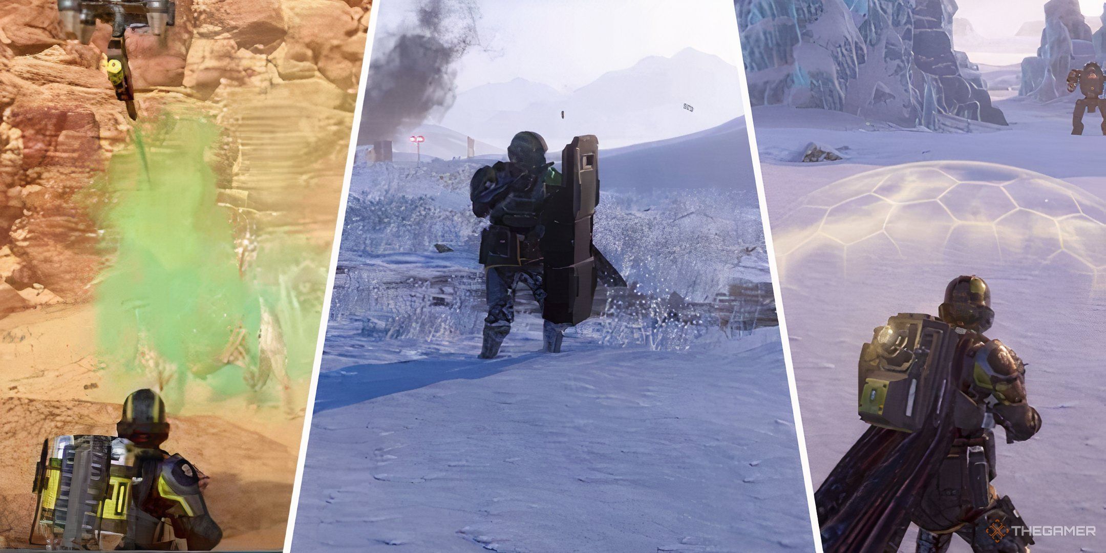 Split images of Helldivers using Backpack Support stratagems in Helldivers 2.