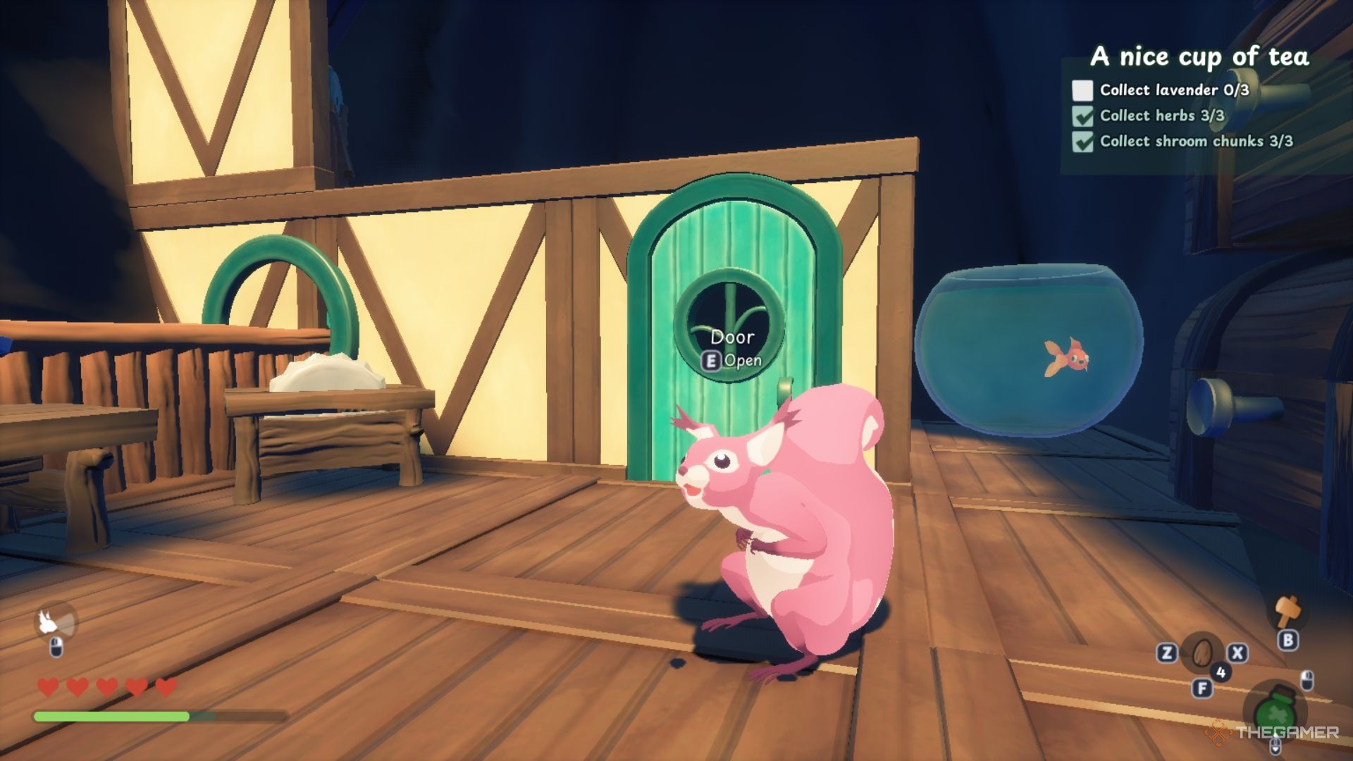 A pink squirrel sitting on a deck.