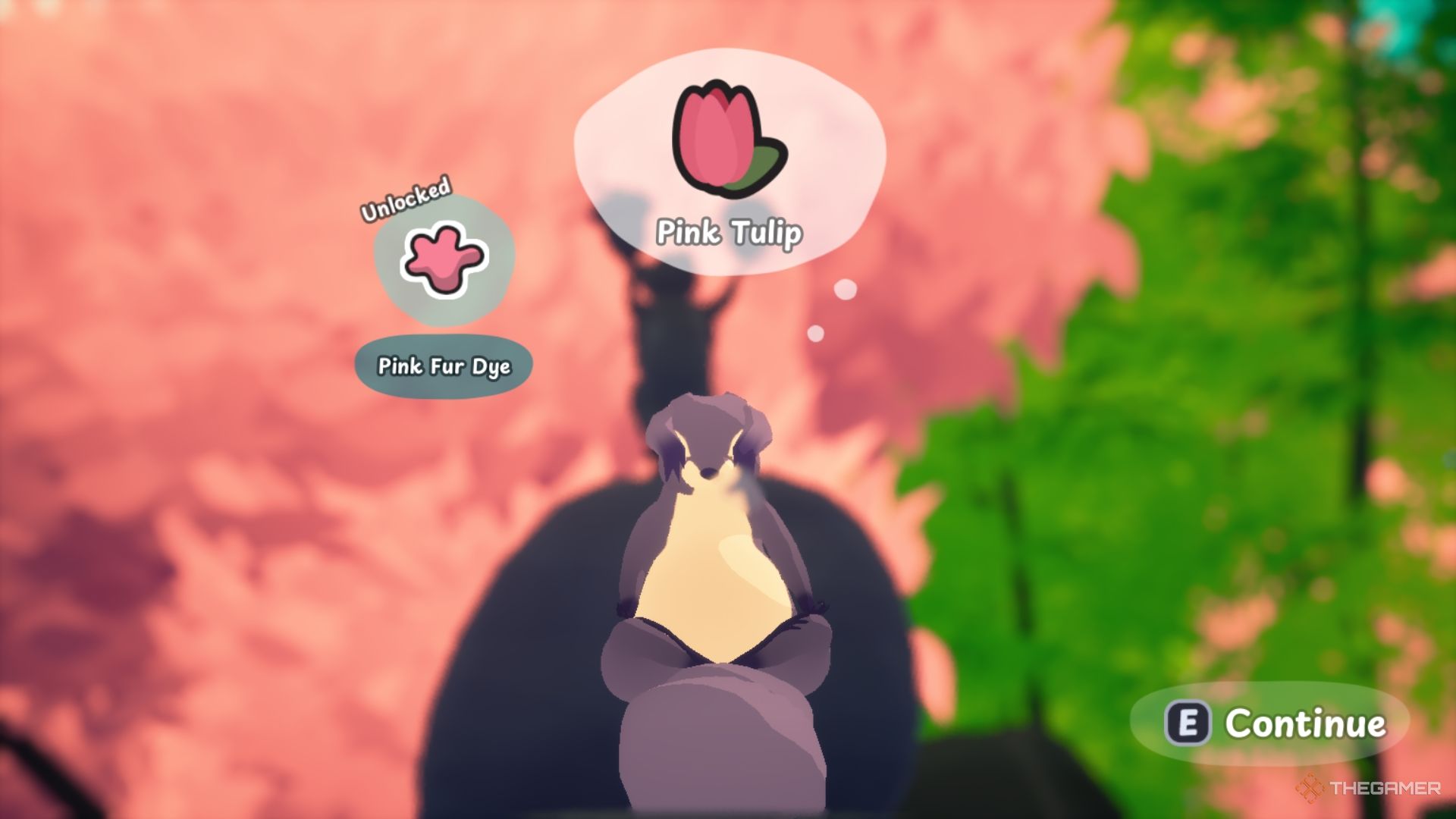 A purple squirrel on pink tulip.