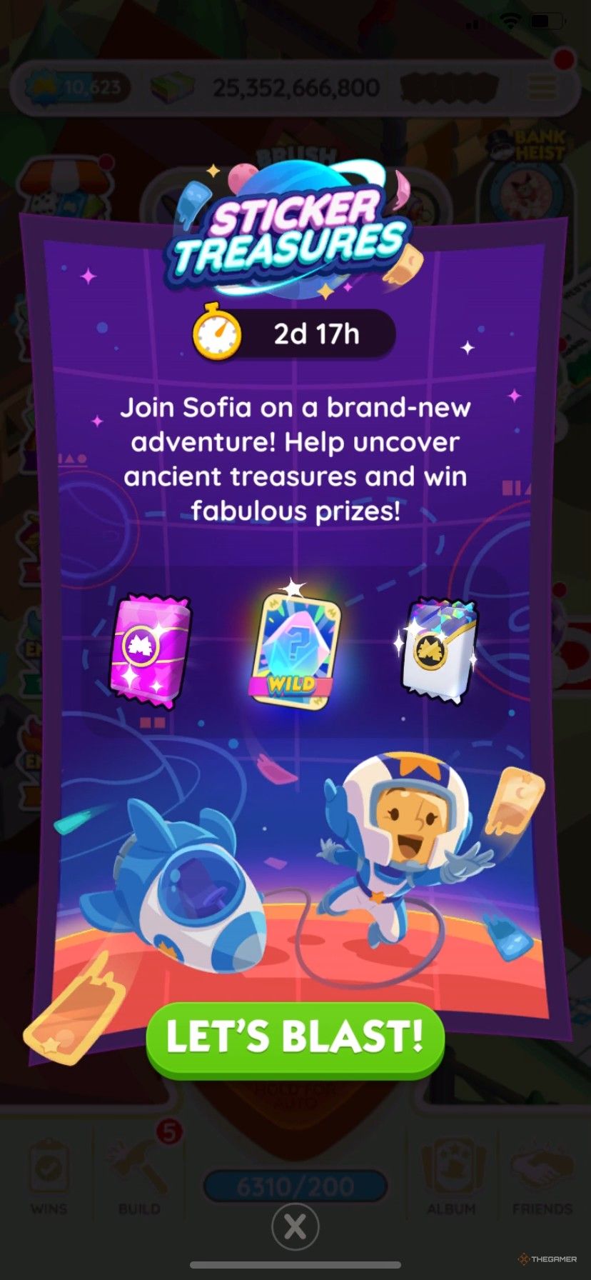 Start screen for Sticker Treasures in Monopoly Go.