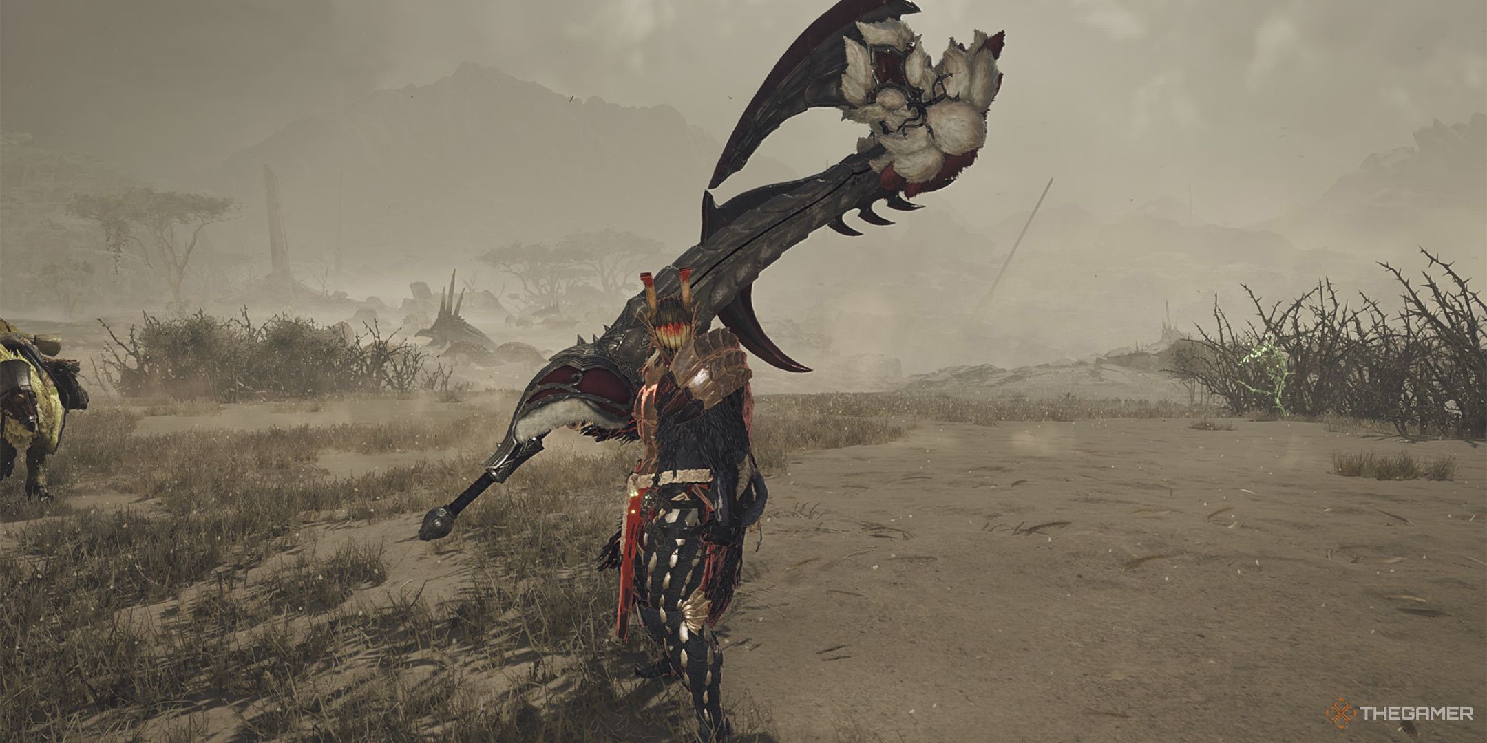 The hunter posing with their Switch Axe in the Windward Plains in Monster Hunter Wilds.