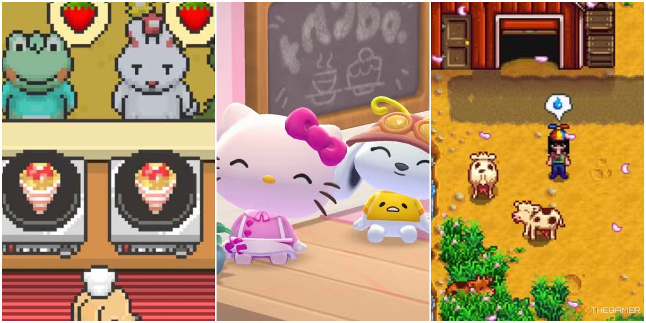 L-R: A screenshot from the video games Food Truck Pup+, Hello Kitty Island Adventure, and Stardew Valley+