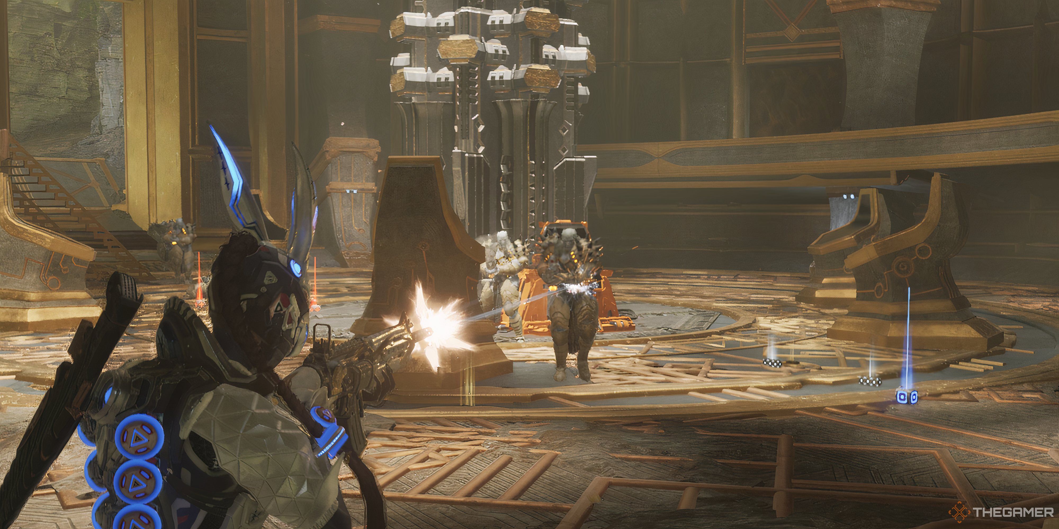 The First Descendant Bunny shooting at enemies with chair like structure in the background. There are enemies firing back at Bunny.