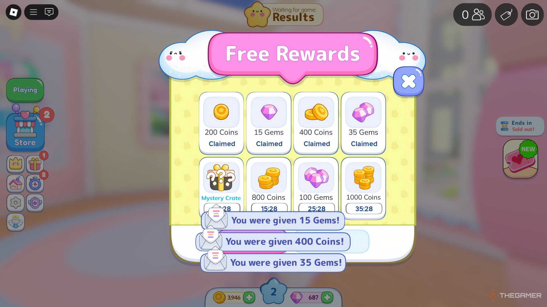 The free rewards screen is shown in Roblox Cake Off.