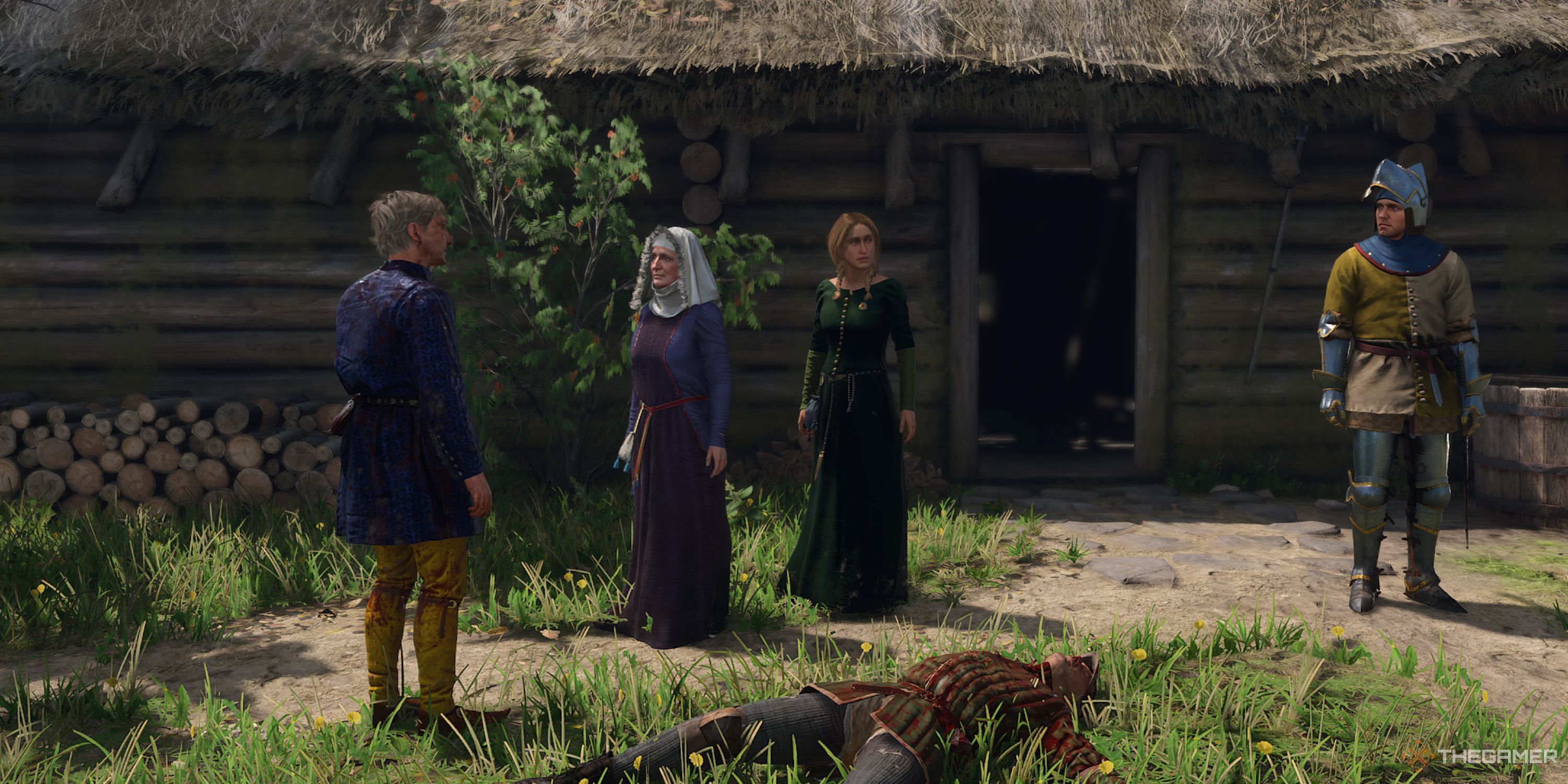 In-game cutscene featuring Henry, Mikush, Svatava, and Vendula in Kingdom Come: Deliverance 2.