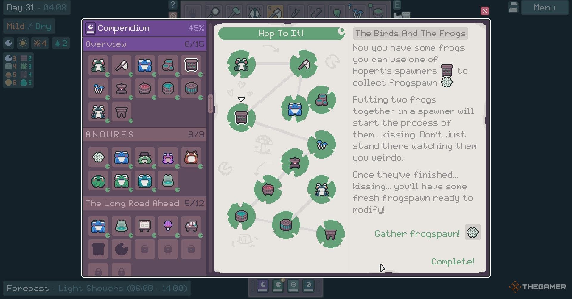 The Hop To It chapter of the Compendium teaching how to breed frogs in Mudborne.