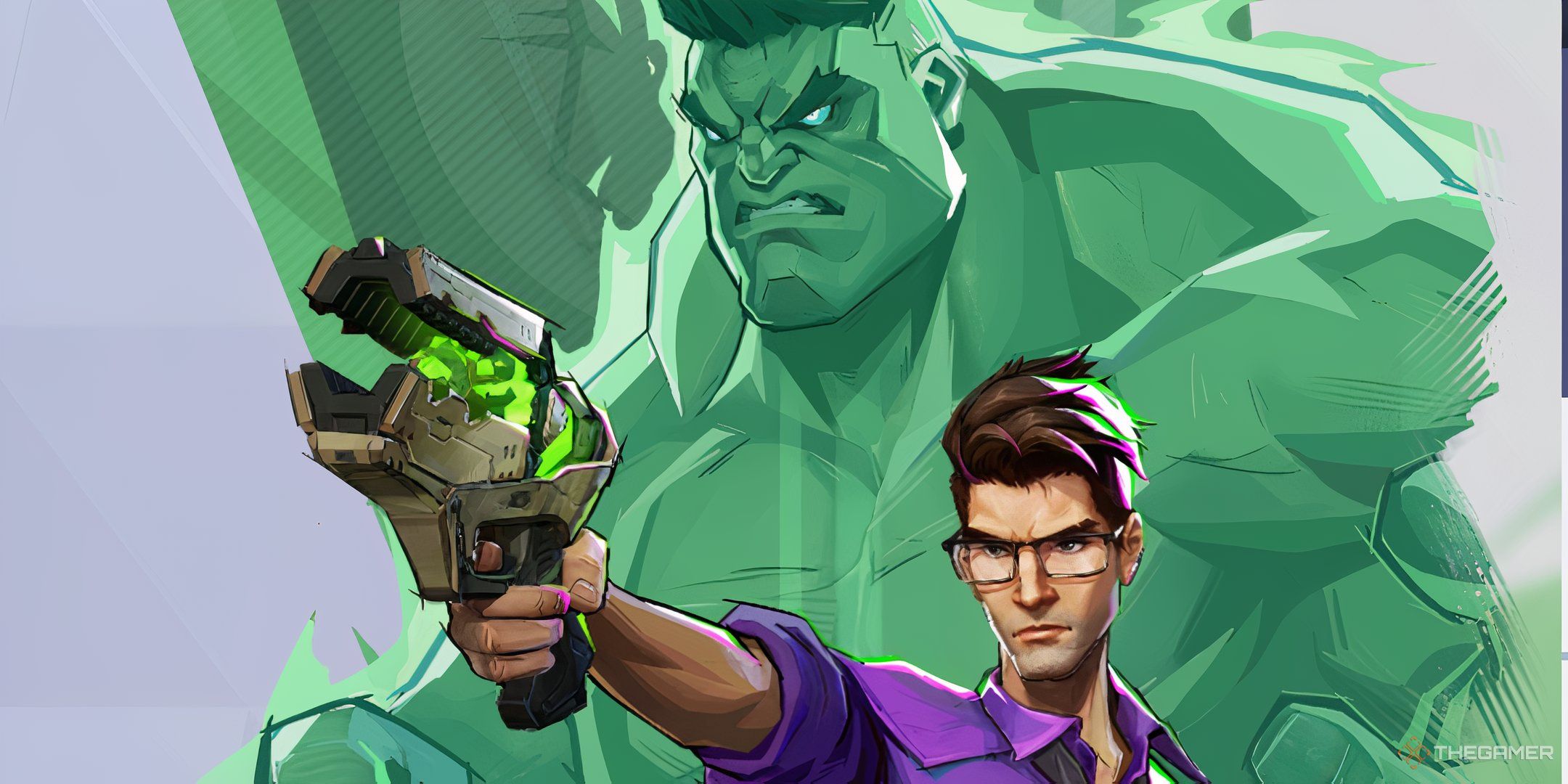 A screenshot of The Hulk and Bruce Banner from Marvel Rivals from the game's Hero Profile.