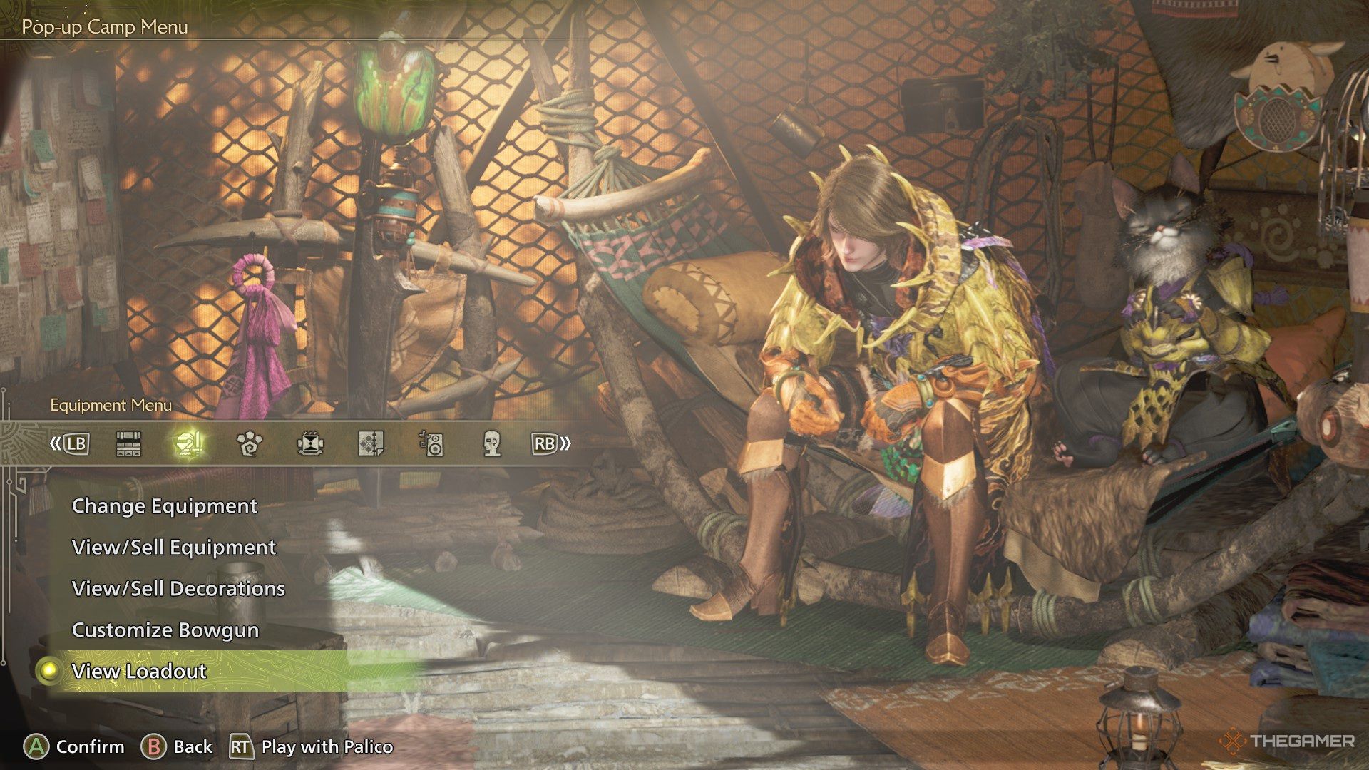 The Hunter and Palico in their tent in Monster Hunter Wilds.