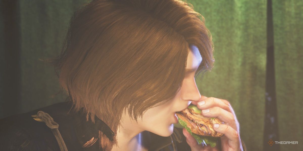 The Hunter eats food in Monster Hunter Wilds.