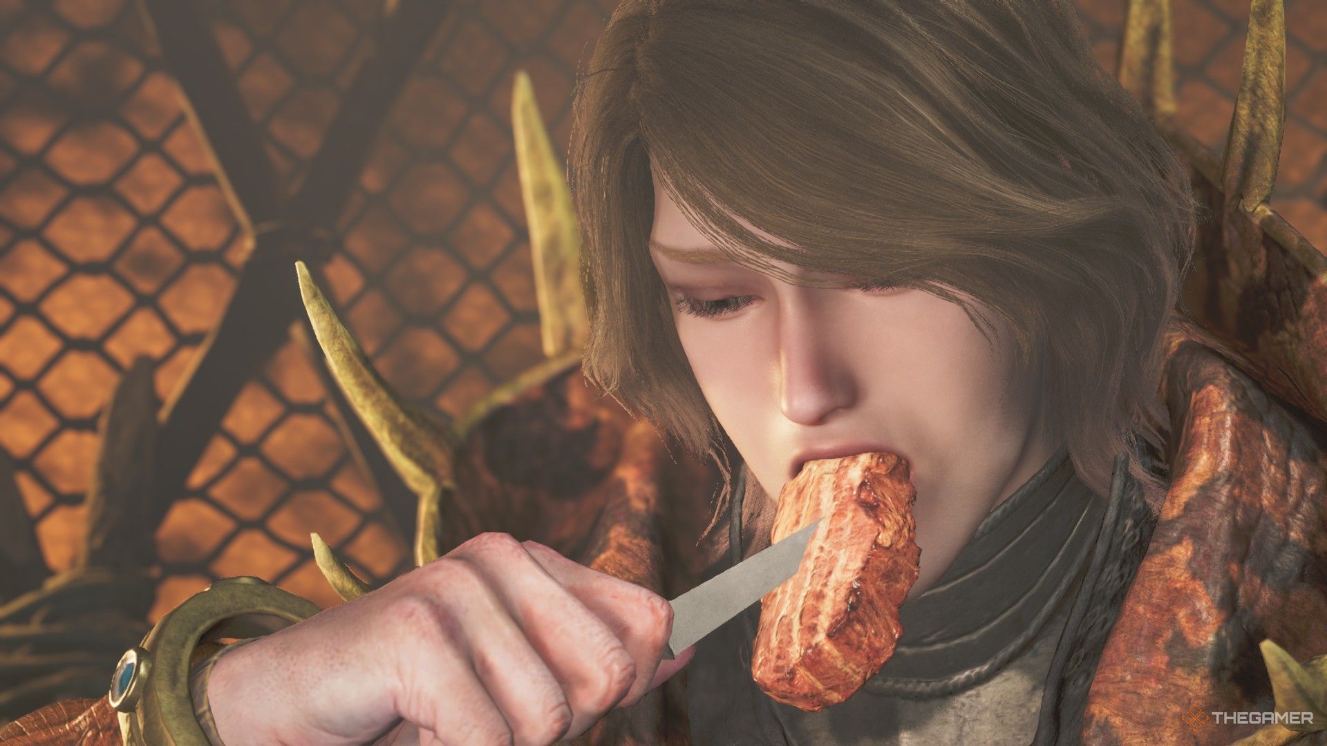 The Hunter eats meat with a knife in Monster Hunter Wilds.