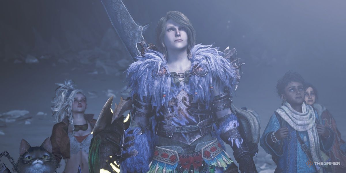 The hunter from Monster Hunter Wilds looks up at a bright area offscreen, with Gemma and Nata beside him.