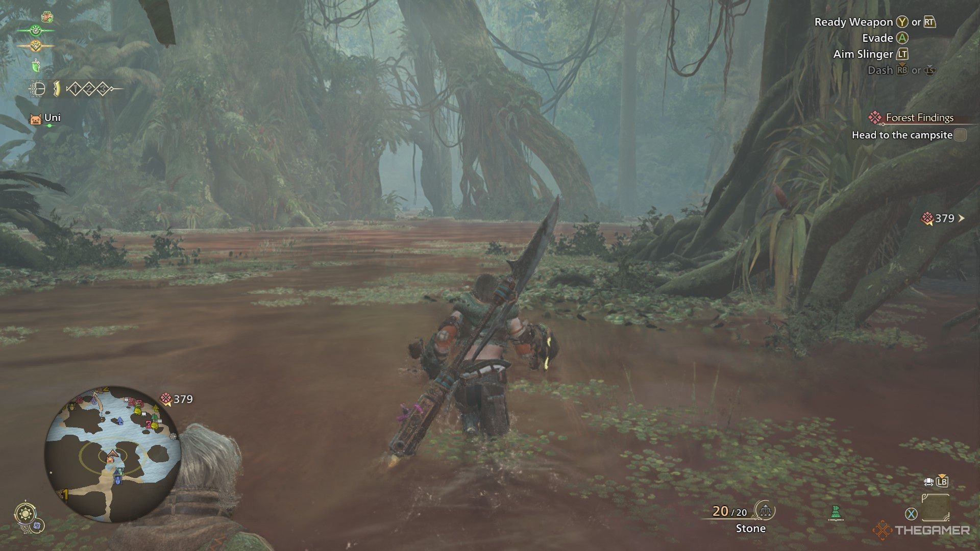 The Hunter walks through red water in Monster Hunter Wilds.